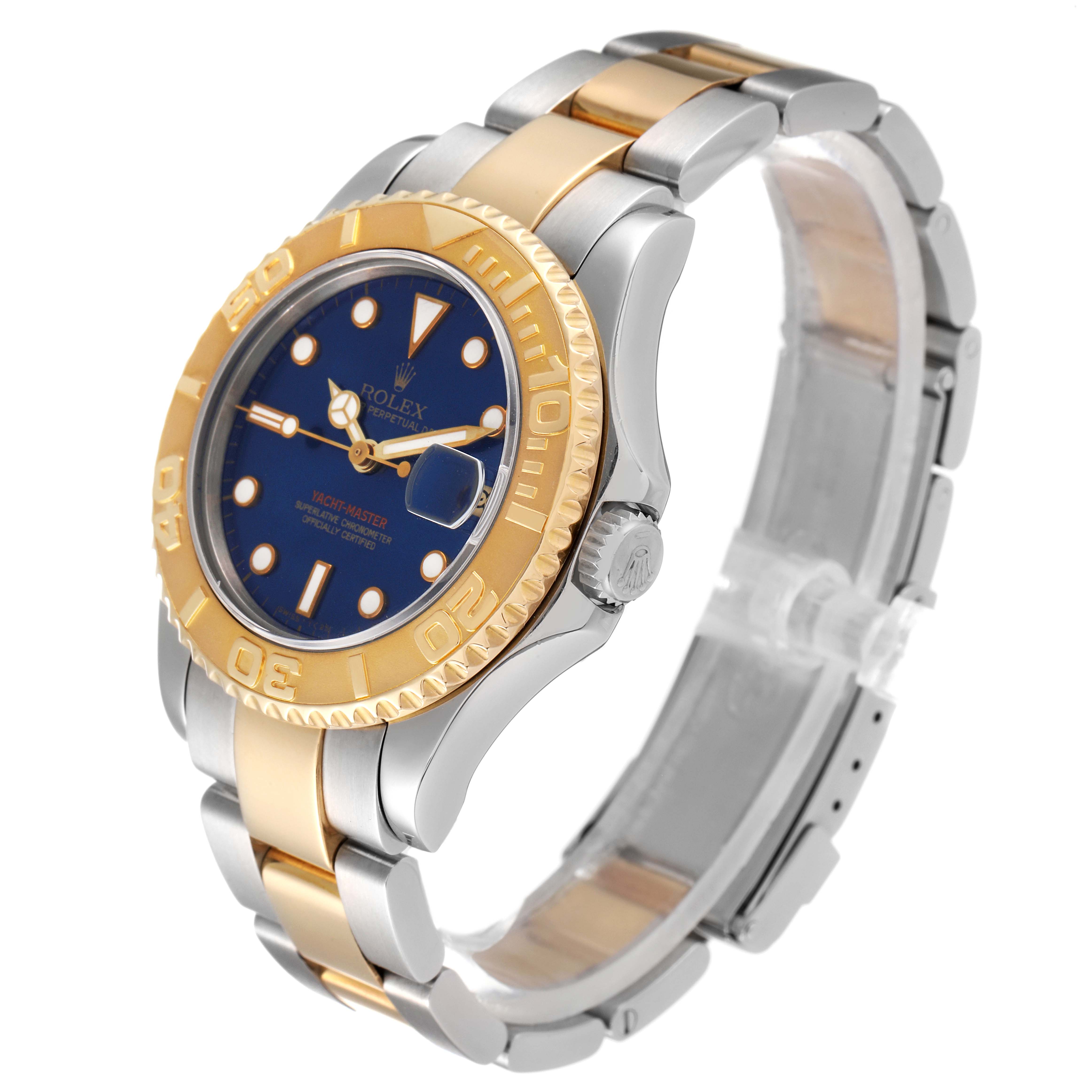 This Rolex Yacht-Master 68623 Men
s Steel and Gold (two tone) Blue Dial 68623 Men
s Steel and Gold (two tone) Blue Dial watch is shown at a slight angle, featuring the bezel, dial, case, and bracelet.