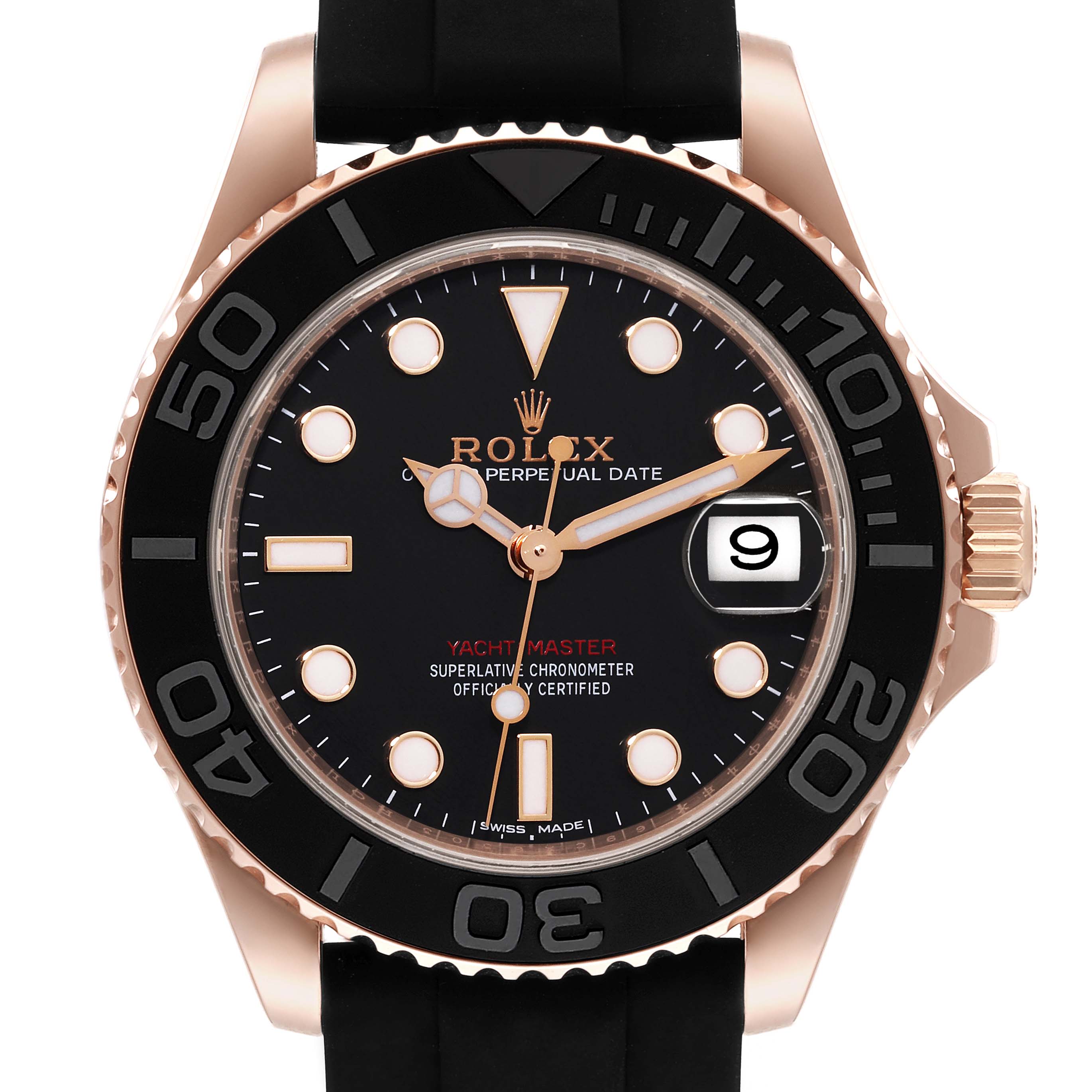 The image shows the front view of the Rolex Yacht-Master 268655 Men's Rose Gold Black Dial 268655 Men's Rose Gold Black Dial watch, highlighting the dial, bezel, and part of the strap.