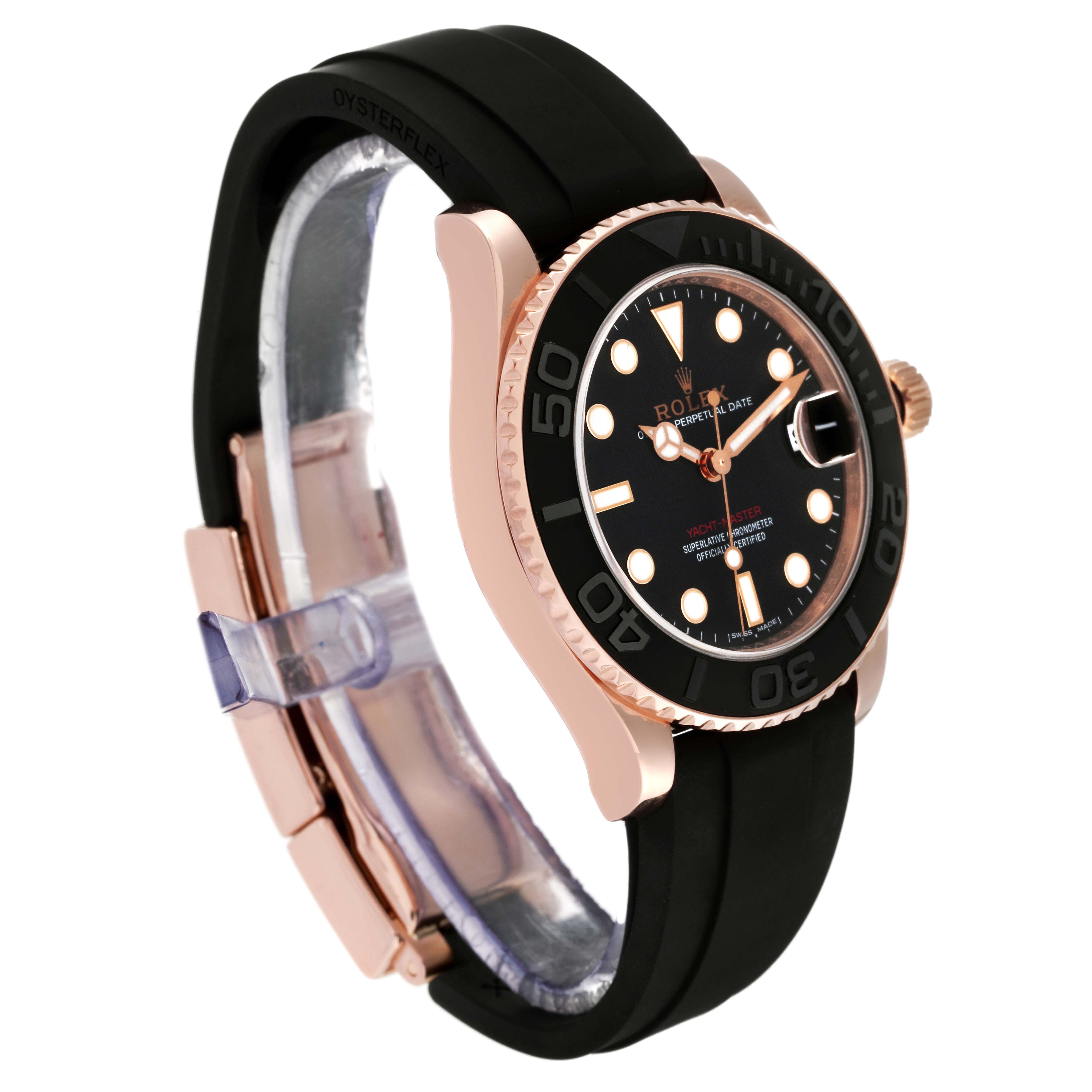 The Rolex Yacht-Master 268655 Men's Rose Gold Black Dial 268655 Men's Rose Gold Black Dial watch is shown at an angle displaying the black dial, bezel, rose gold case, and black rubber strap.