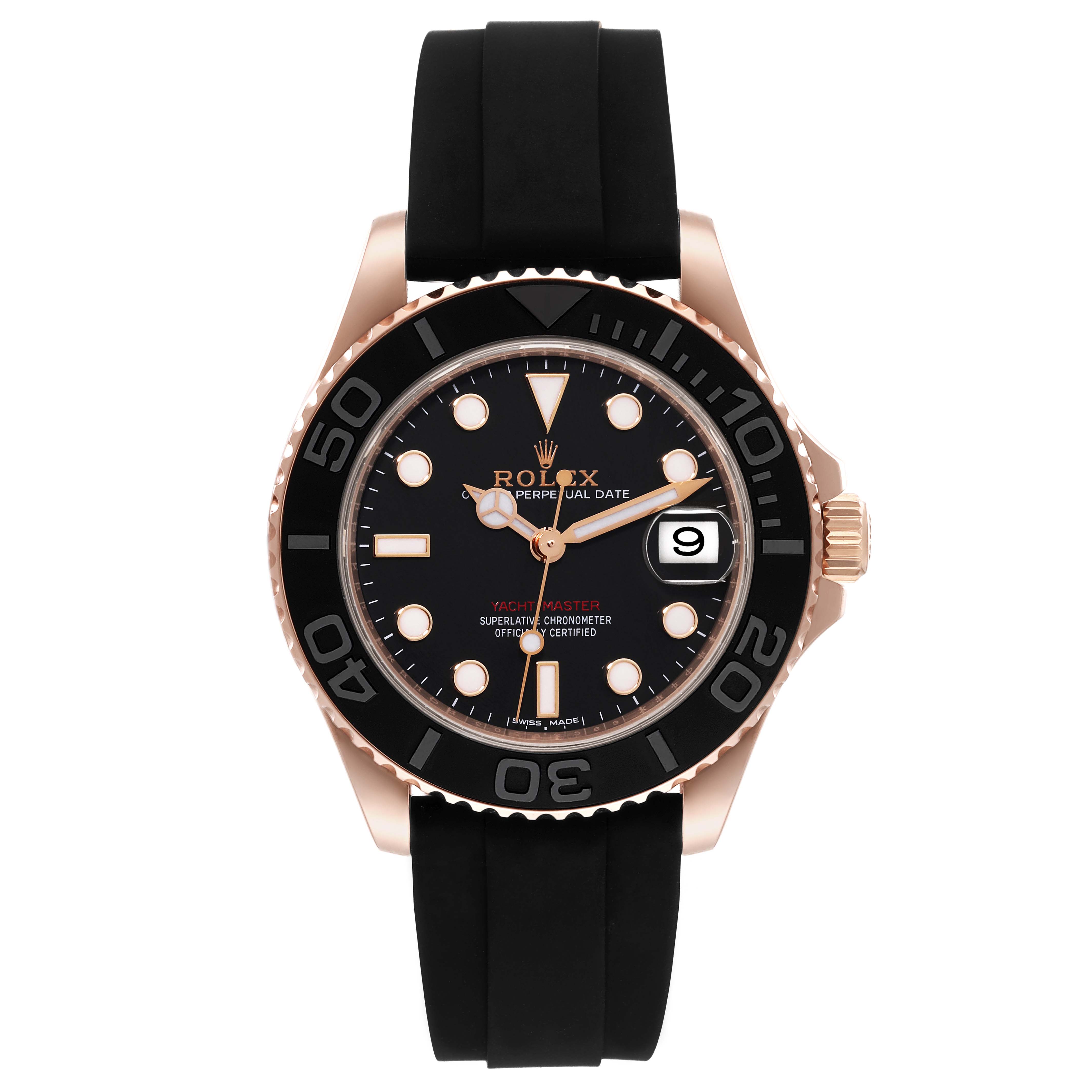 The image shows a front view of a Rolex Yacht-Master 268655 Men's Rose Gold Black Dial 268655 Men's Rose Gold Black Dial watch with a black dial, rubber strap, and rose gold case.