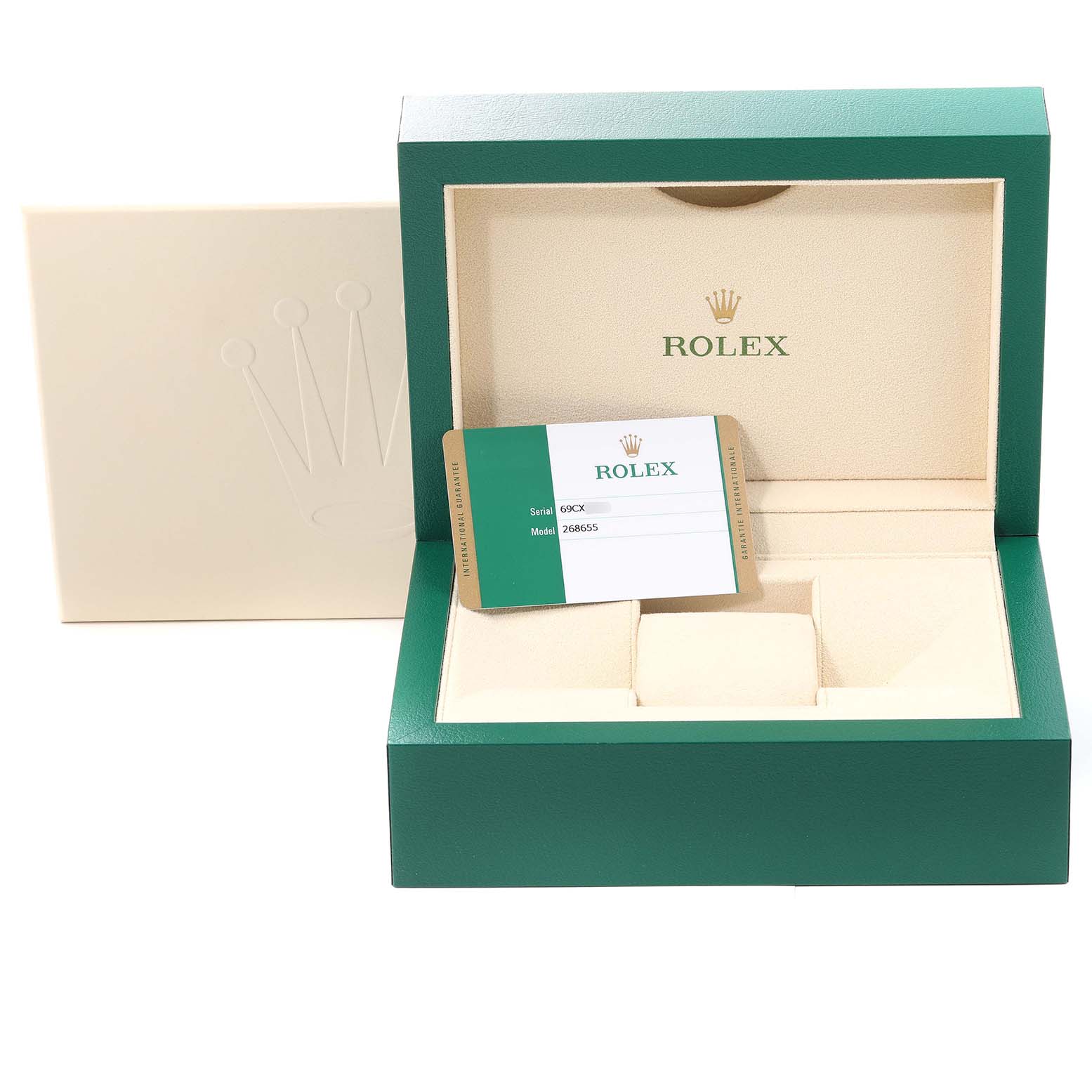 The image shows an open Rolex Yacht-Master 268655 Men's Rose Gold Black Dial 268655 Men's Rose Gold Black Dial watch box and authenticity card placed inside.