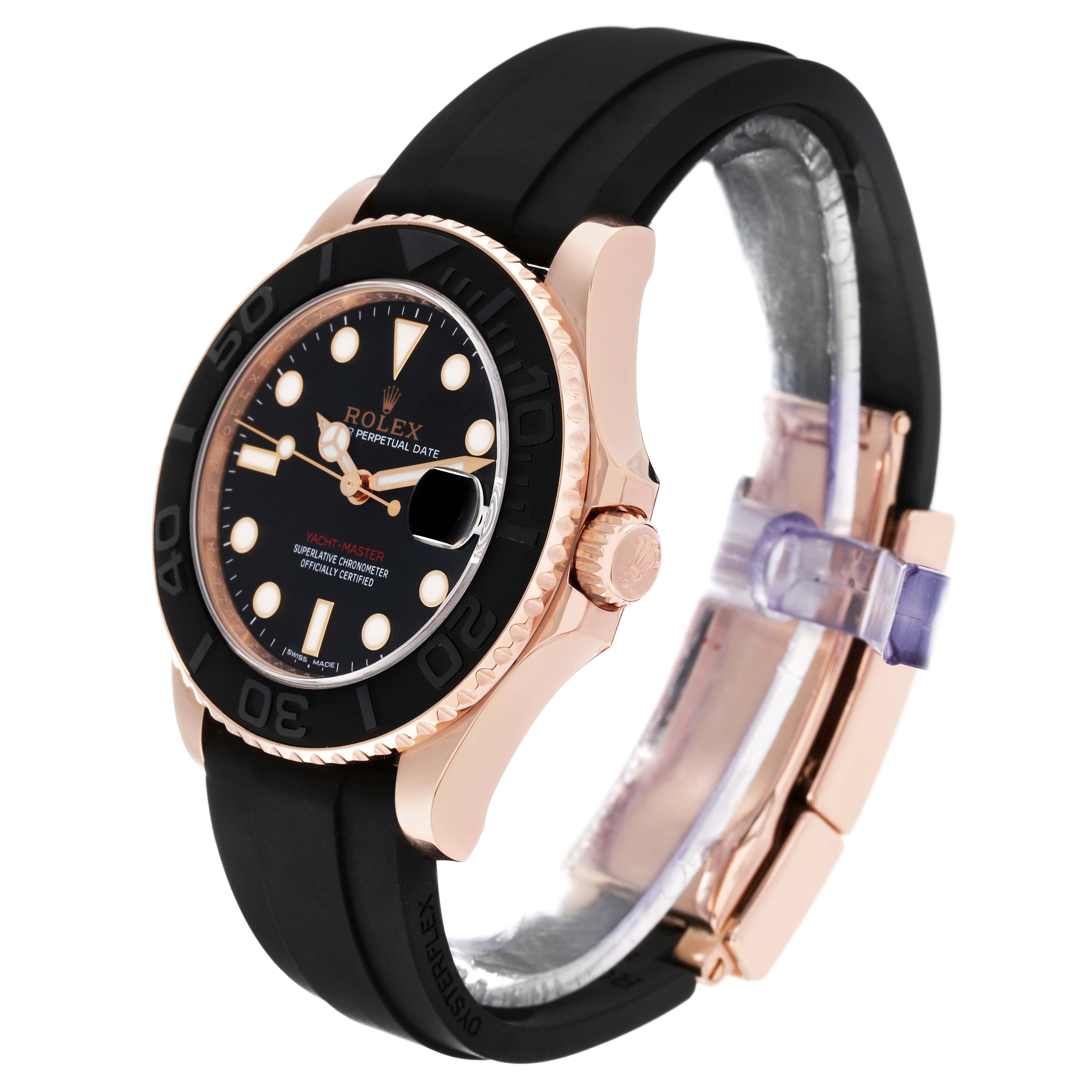 The image shows a side-angle view of a Rolex Yacht-Master 268655 Men's Rose Gold Black Dial 268655 Men's Rose Gold Black Dial watch, highlighting the bezel, dial, crown, and strap.