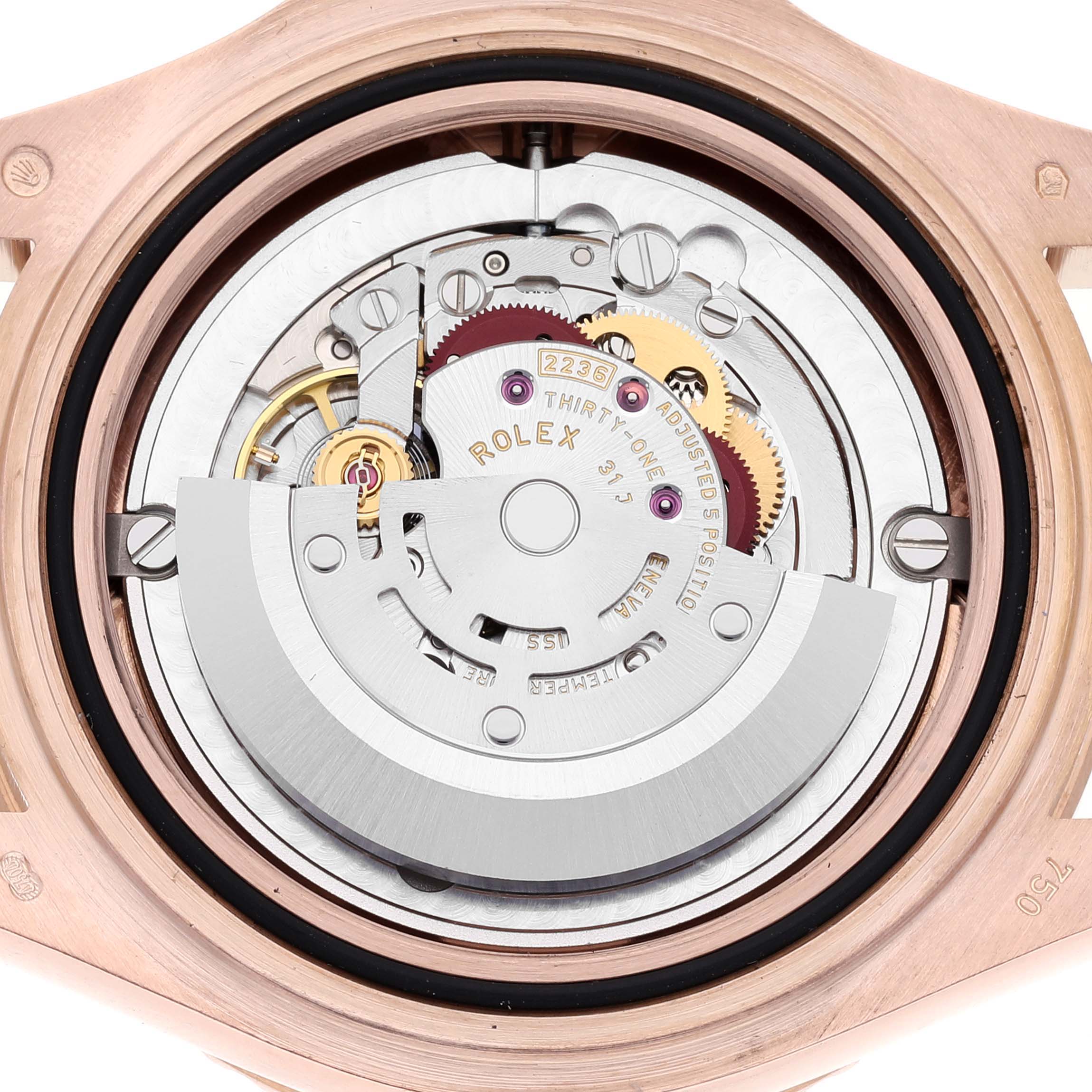 This image shows the back view of the Rolex Yacht-Master 268655 Men's Rose Gold Black Dial 268655 Men's Rose Gold Black Dial watch, revealing its intricate internal movement components.