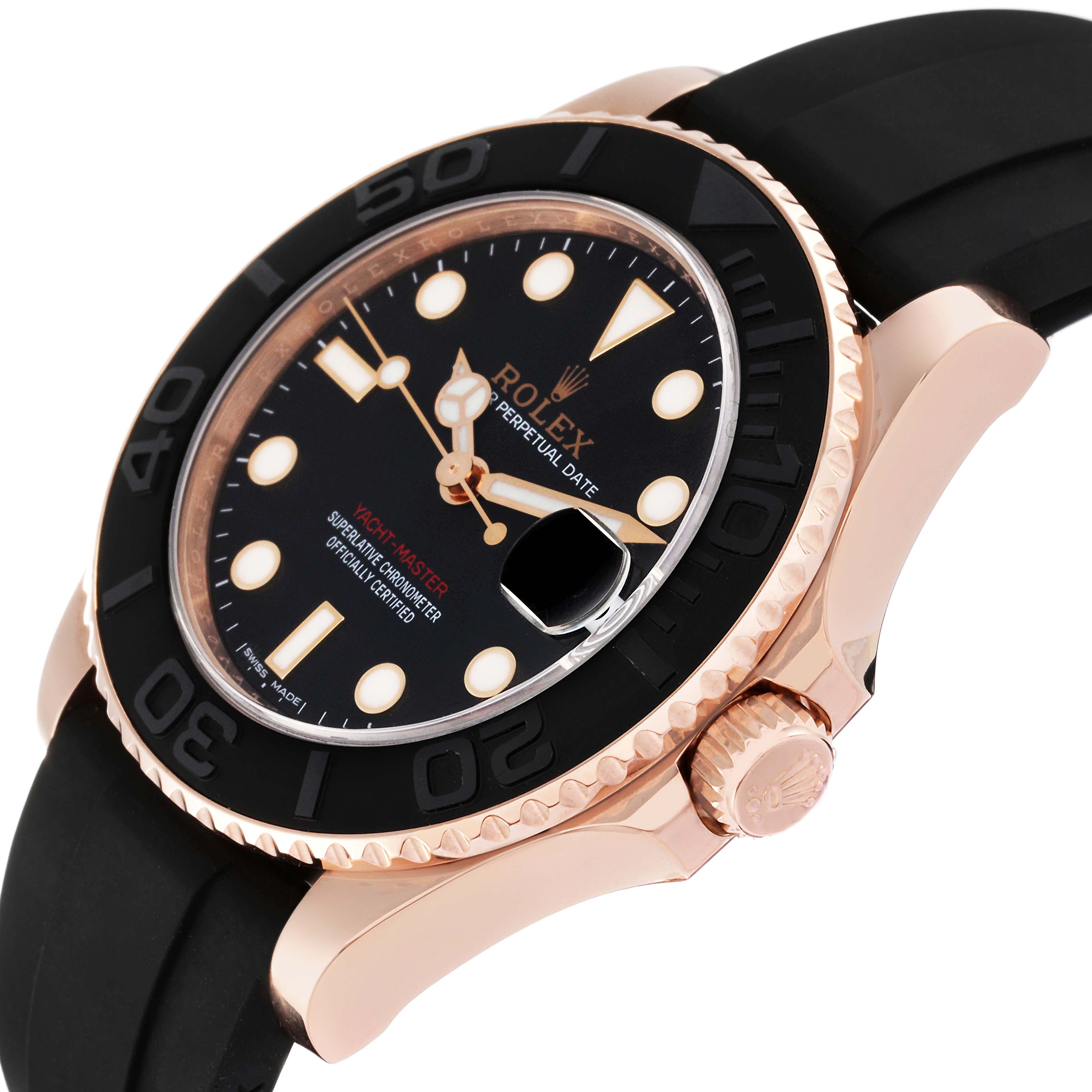 The Rolex Yacht-Master 268655 Men's Rose Gold Black Dial 268655 Men's Rose Gold Black Dial watch is shown at an angle highlighting its face, bezel, crown, and part of the strap.