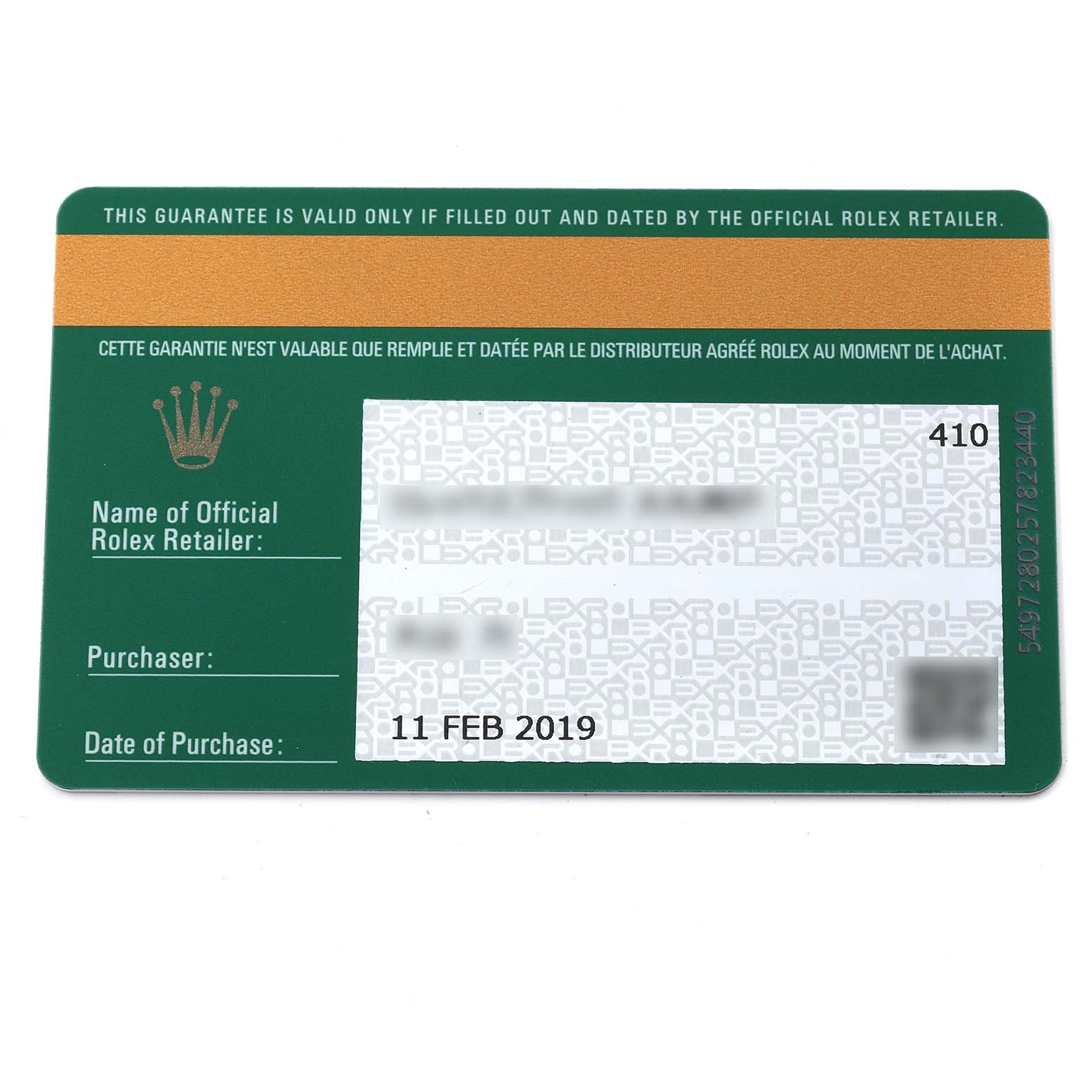 This image shows the official warranty card for a Rolex Yacht-Master 268655 Men's Rose Gold Black Dial 268655 Men's Rose Gold Black Dial watch, displaying purchase details and retailer information.