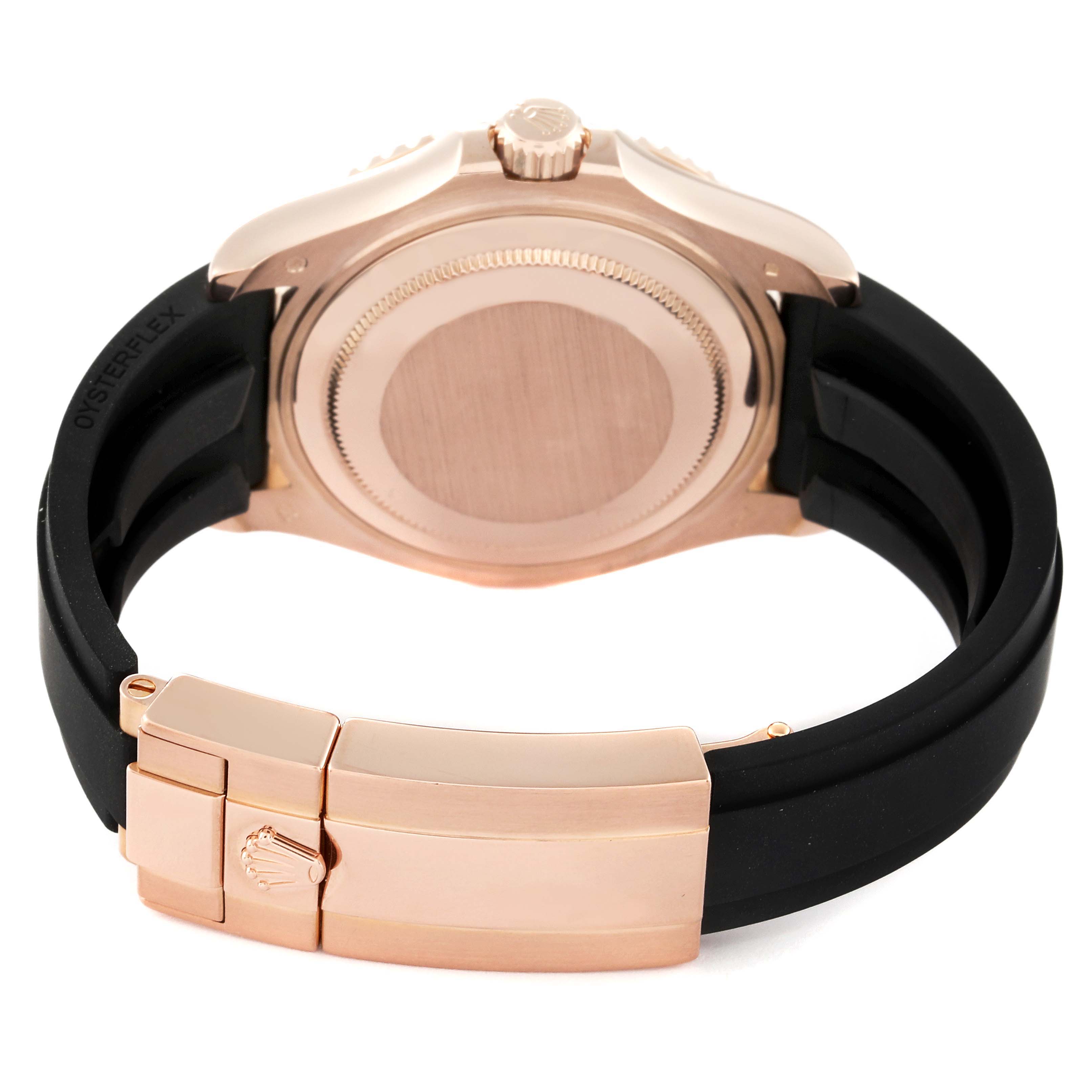 This image shows the back of a Rolex Yacht-Master 268655 Men's Rose Gold Black Dial 268655 Men's Rose Gold Black Dial watch, highlighting the case back, crown, and the Oysterflex strap with clasp.