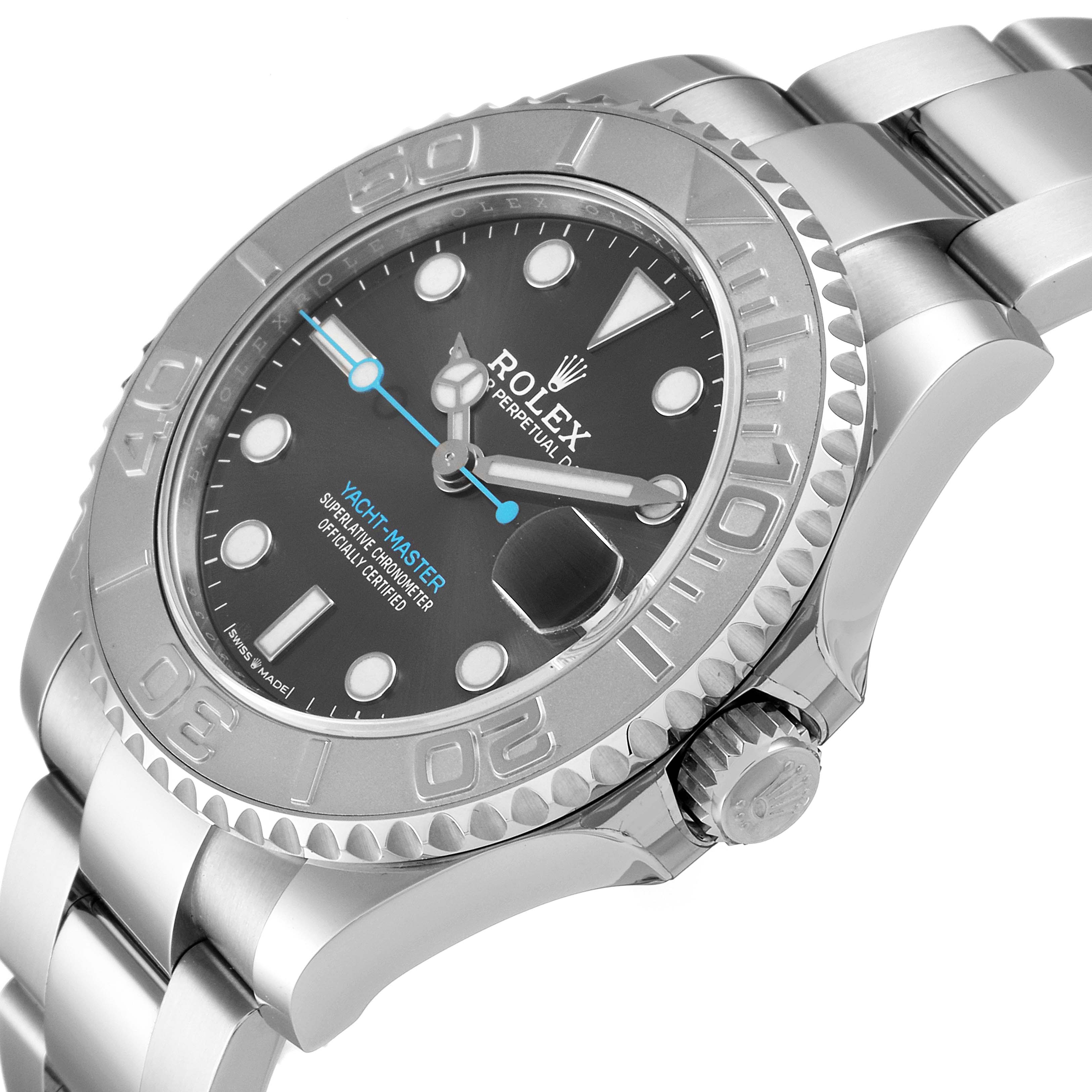 The image shows a Rolex Yacht-Master 268622 Men
s Stainless Steel Grey Dial 268622 Men
s Stainless Steel Grey Dial watch at a slight angle, highlighting the bezel, dial, and partial bracelet.