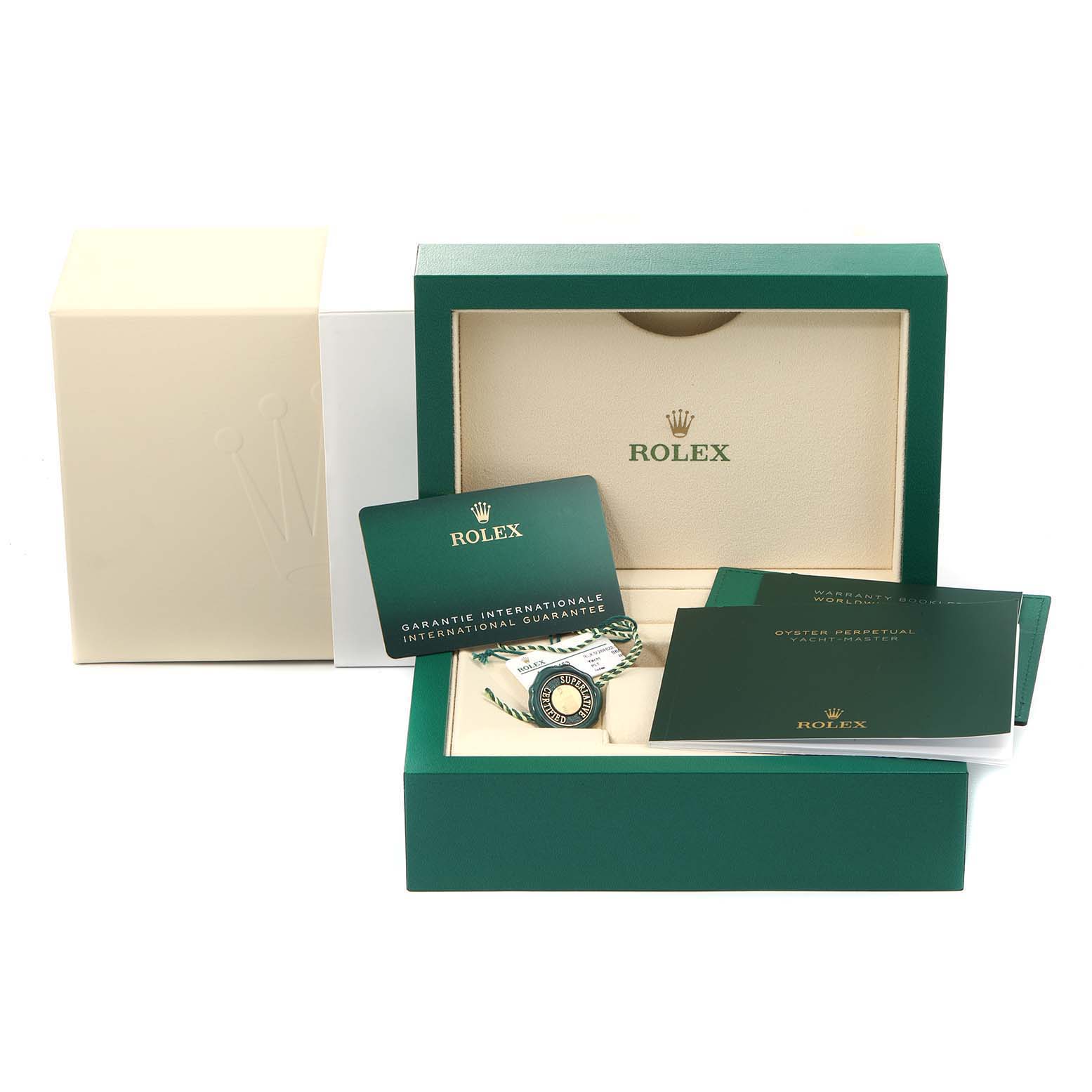 The image shows the packaging, warranty cards, and accessories for a Rolex Yacht-Master 268622 Men
s Stainless Steel Grey Dial 268622 Men
s Stainless Steel Grey Dial watch.
