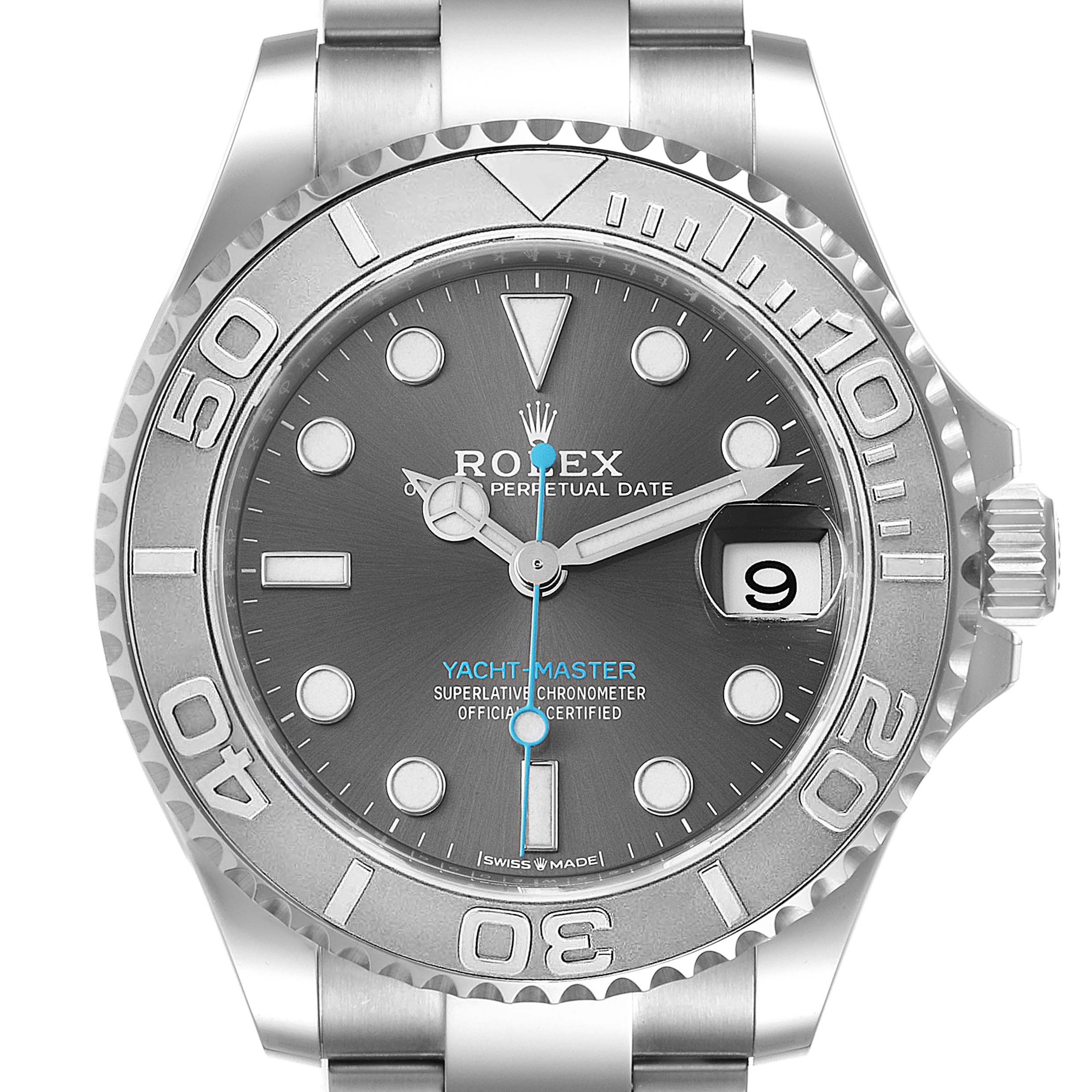 The front view of the Rolex Yacht-Master 268622 Men
s Stainless Steel Grey Dial 268622 Men
s Stainless Steel Grey Dial watch displays its dial, bezel, hands, date window, and part of the bracelet.