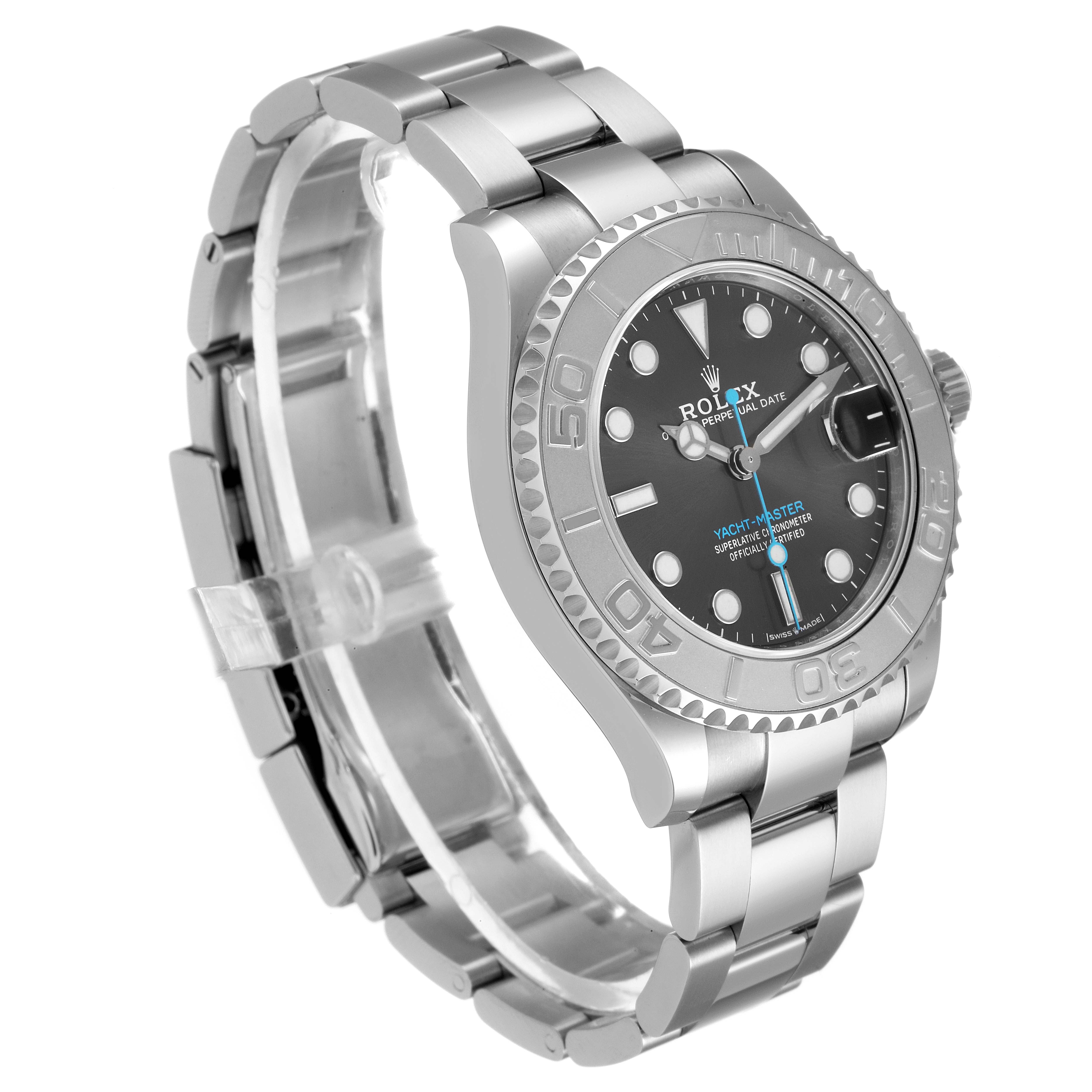 The image shows a Rolex Yacht-Master 268622 Men
s Stainless Steel Grey Dial 268622 Men
s Stainless Steel Grey Dial watch at a three-quarter angle, highlighting the watch face, bezel, and metal bracelet.