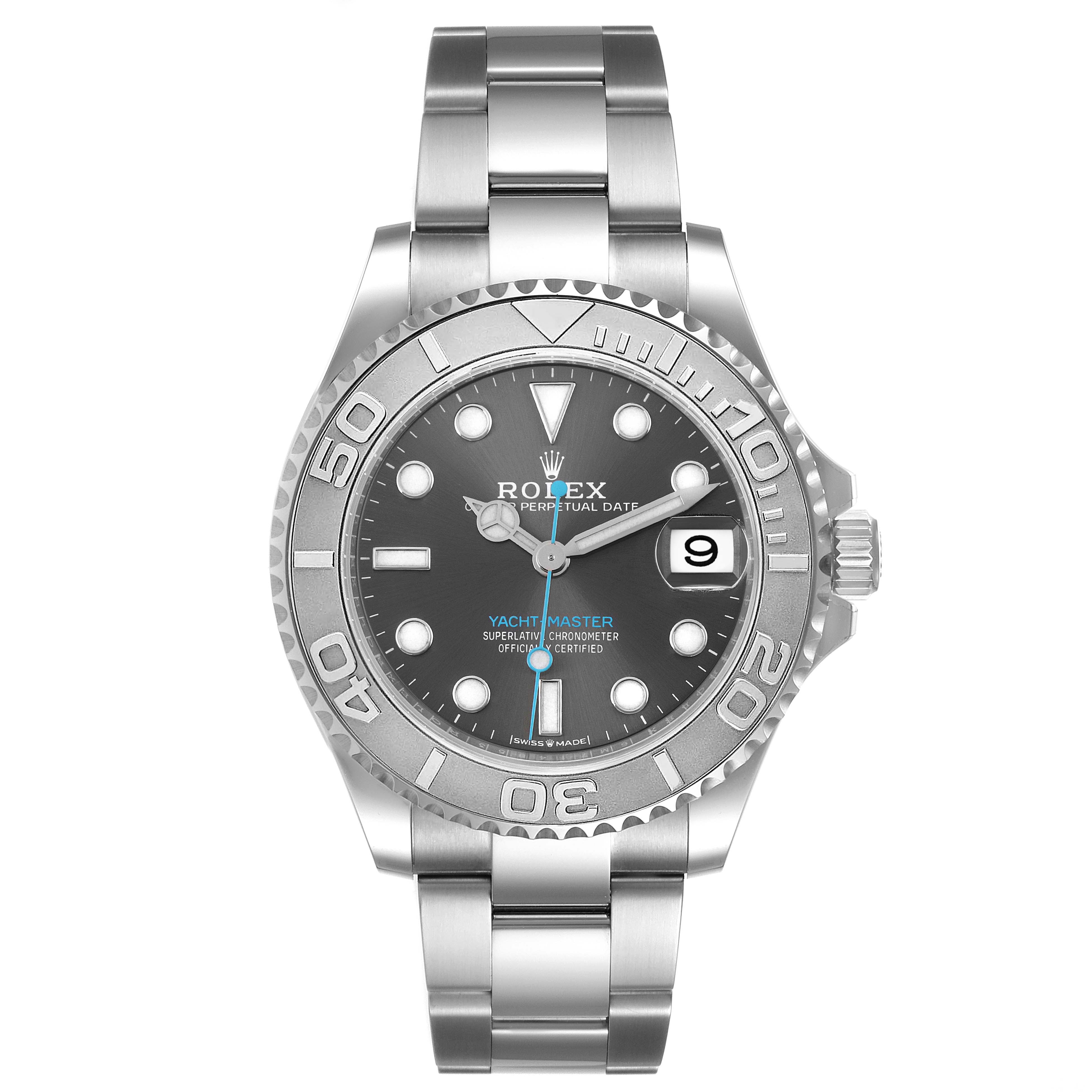 The image shows a front view of the Rolex Yacht-Master 268622 Men's Stainless Steel Grey Dial 268622 Men's Stainless Steel Grey Dial watch, featuring the bezel, dial, hands, date display, and bracelet.