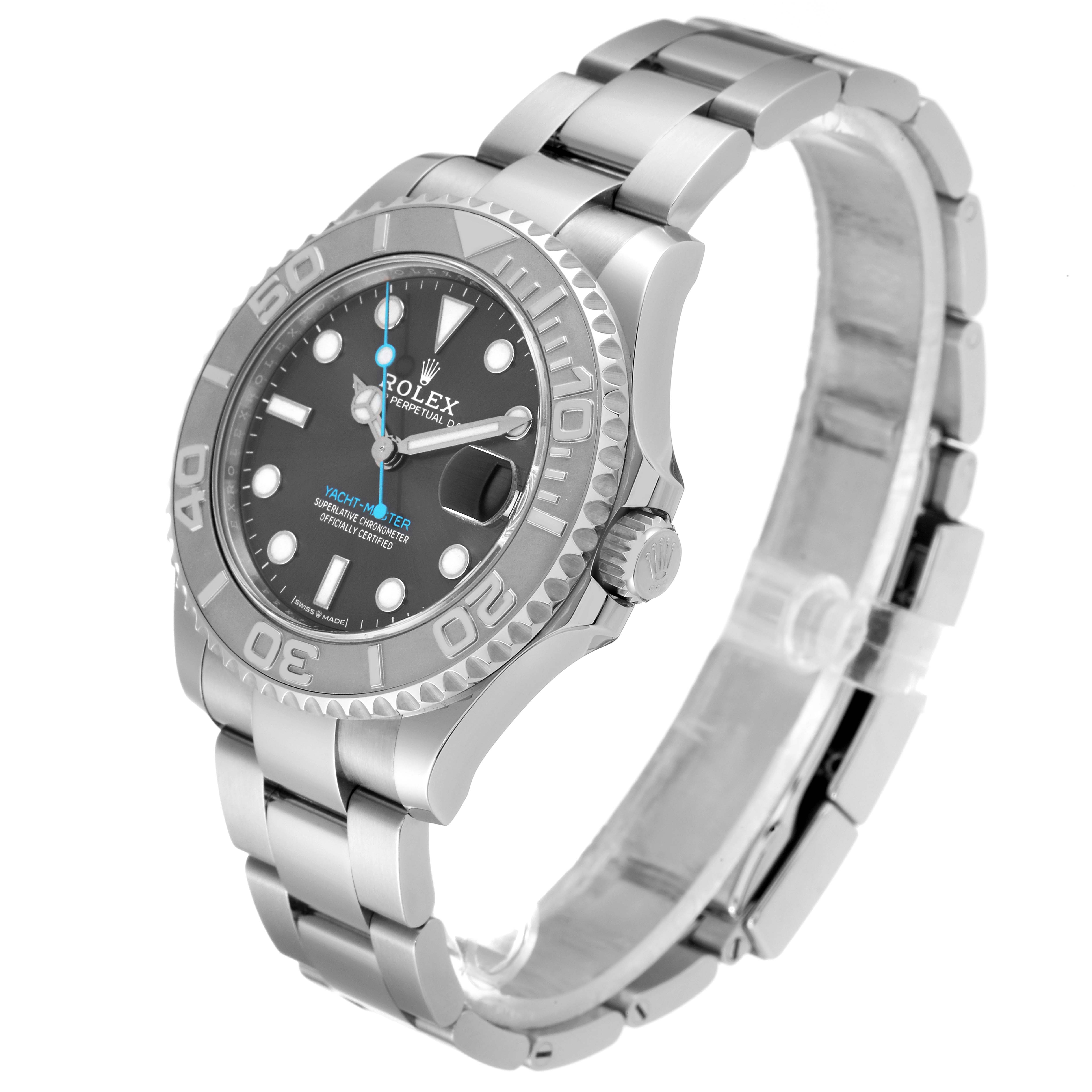 The Rolex Yacht-Master 268622 Men's Stainless Steel Grey Dial 268622 Men's Stainless Steel Grey Dial watch is shown at an angled side view, displaying the bezel, dial, crown, and full metal bracelet.