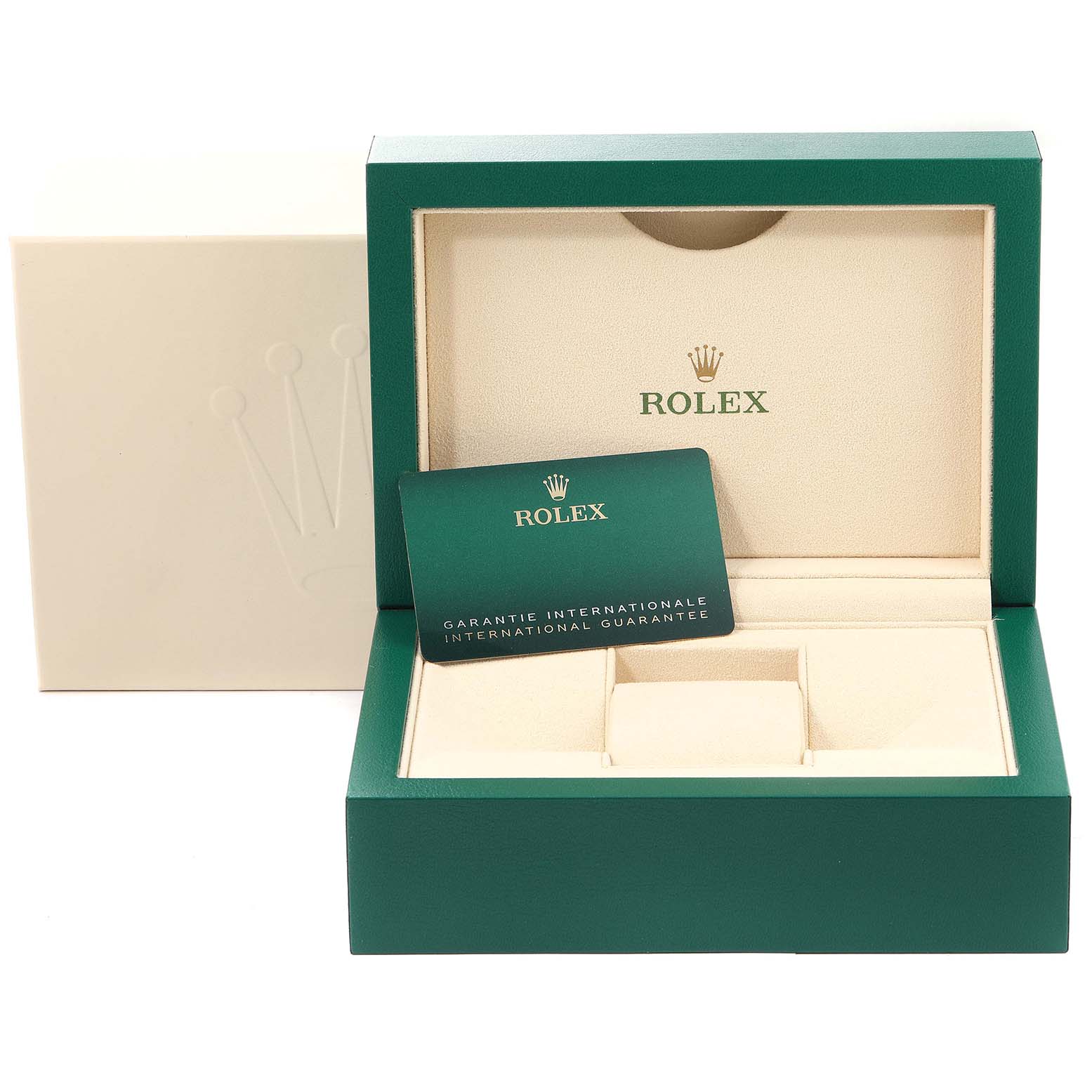 The image shows the open box and international guarantee card for the Rolex Yacht-Master 268622 Men's Stainless Steel Grey Dial 268622 Men's Stainless Steel Grey Dial model.
