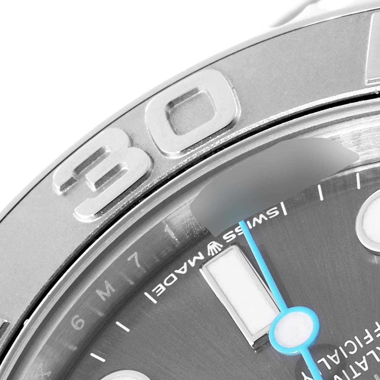 The image shows a close-up of the dial and bezel of a Rolex Yacht-Master 268622 Men's Stainless Steel Grey Dial 268622 Men's Stainless Steel Grey Dial watch, highlighting the 30-minute marker and Swiss Made inscription.