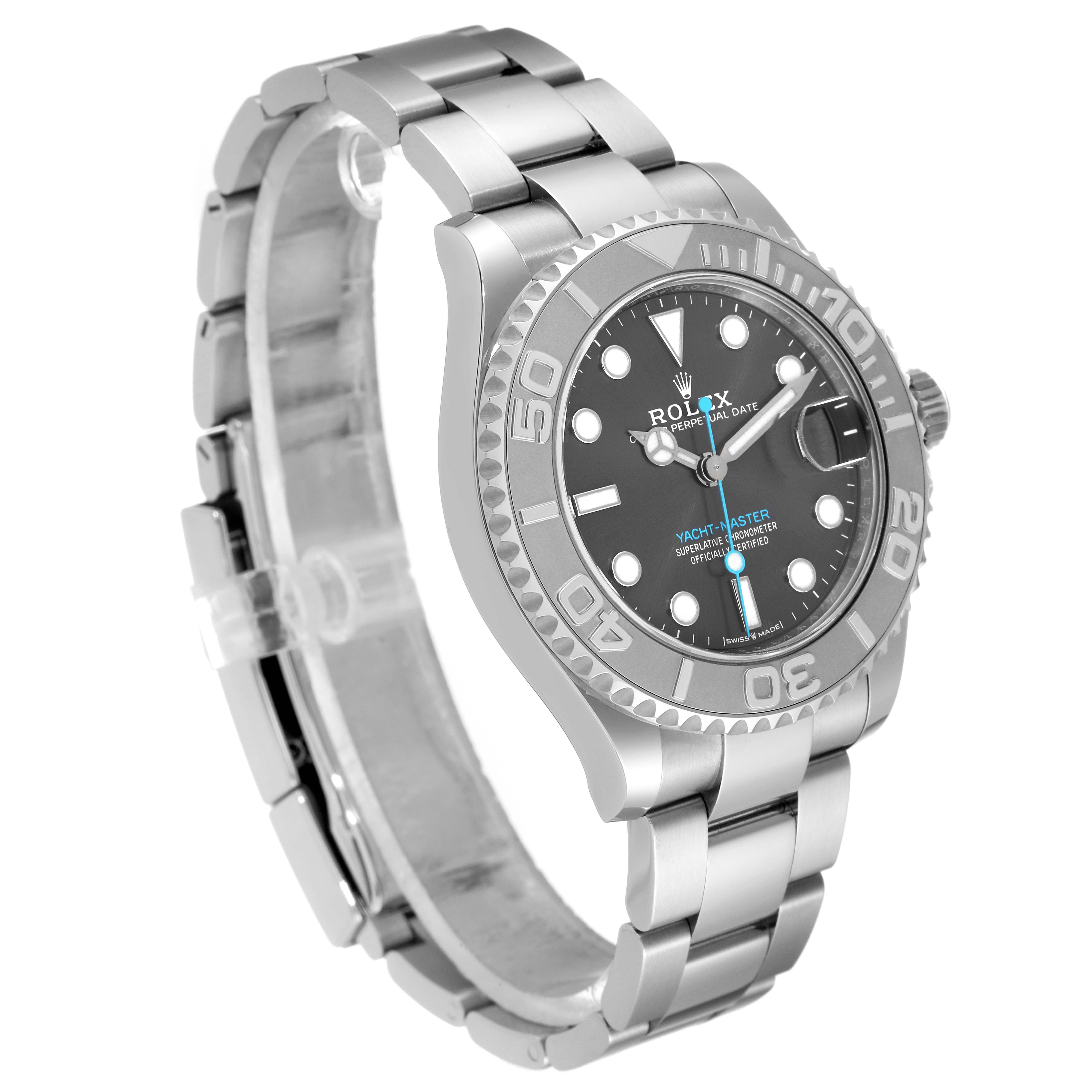 The Rolex Yacht-Master 268622 Men's Stainless Steel Grey Dial 268622 Men's Stainless Steel Grey Dial watch is shown at a slight angle, featuring the face, bezel, crown, and bracelet.