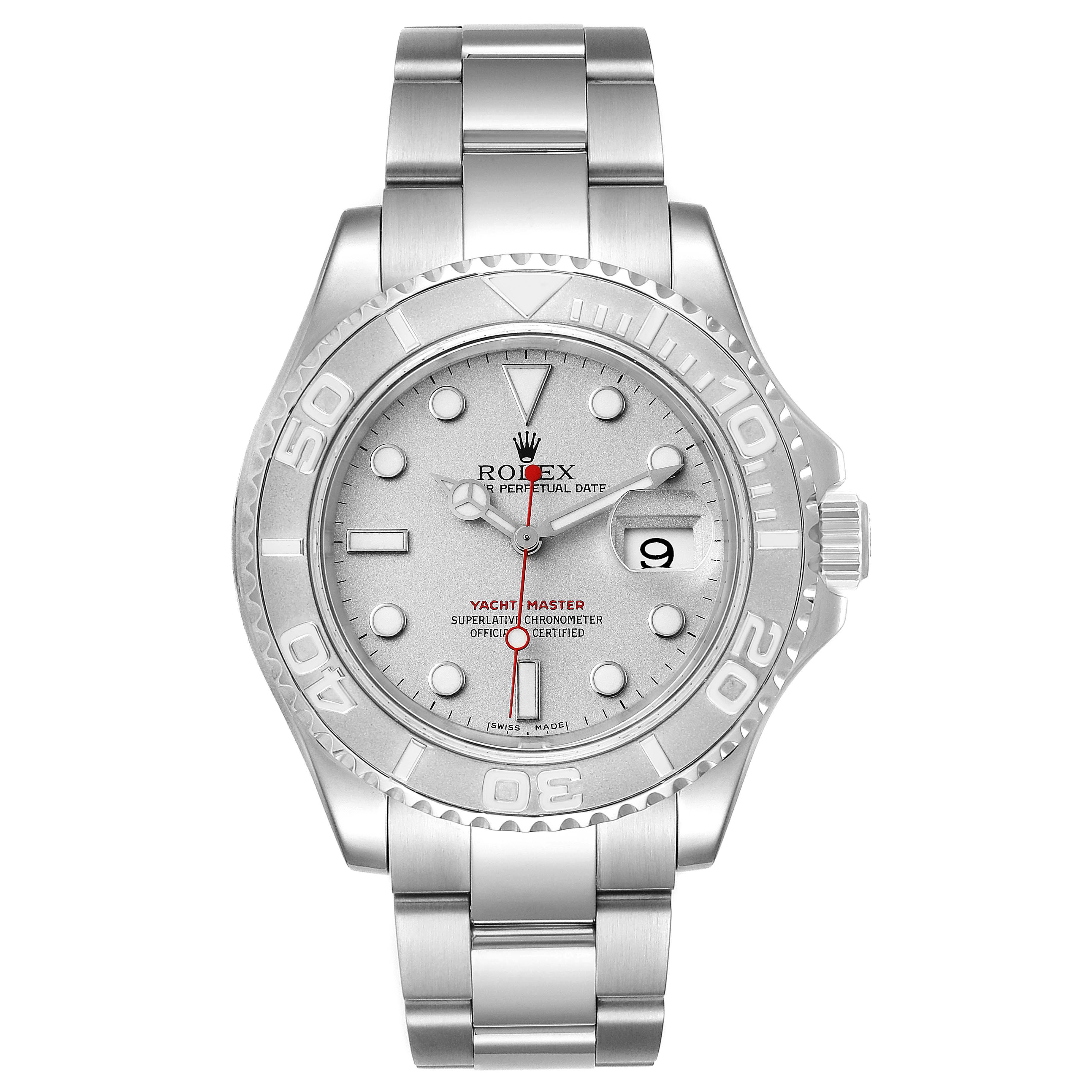 The image shows a front view of a Rolex Yacht-Master 16622 Men's Stainless Steel Silver Dial 16622 Men's Stainless Steel Silver Dial watch, displaying the dial, bezel, bracelet, and crown.