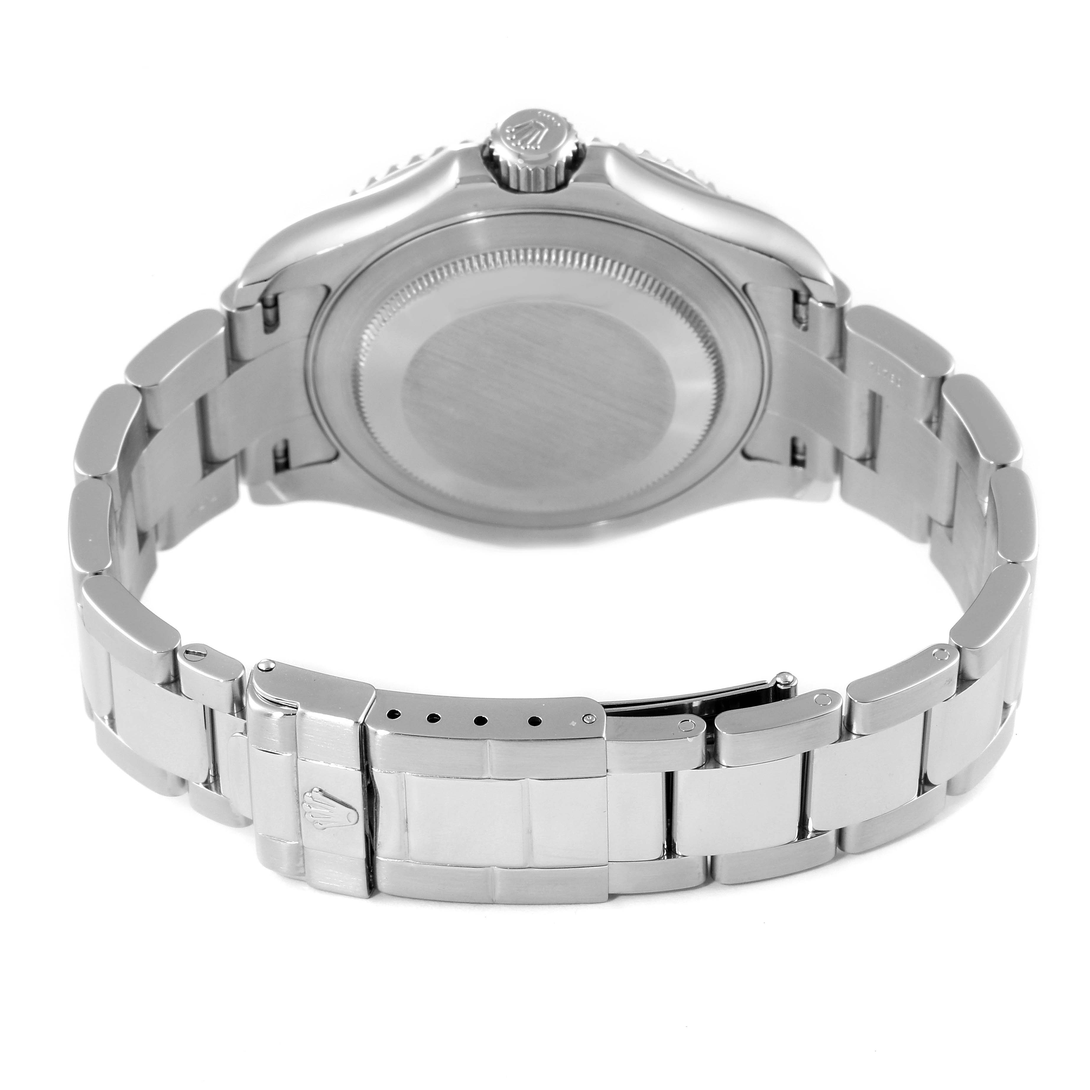 The image shows the back view of a Rolex Yacht-Master 16622 Men's Stainless Steel Silver Dial 16622 Men's Stainless Steel Silver Dial watch, highlighting its case back, crown, and bracelet.