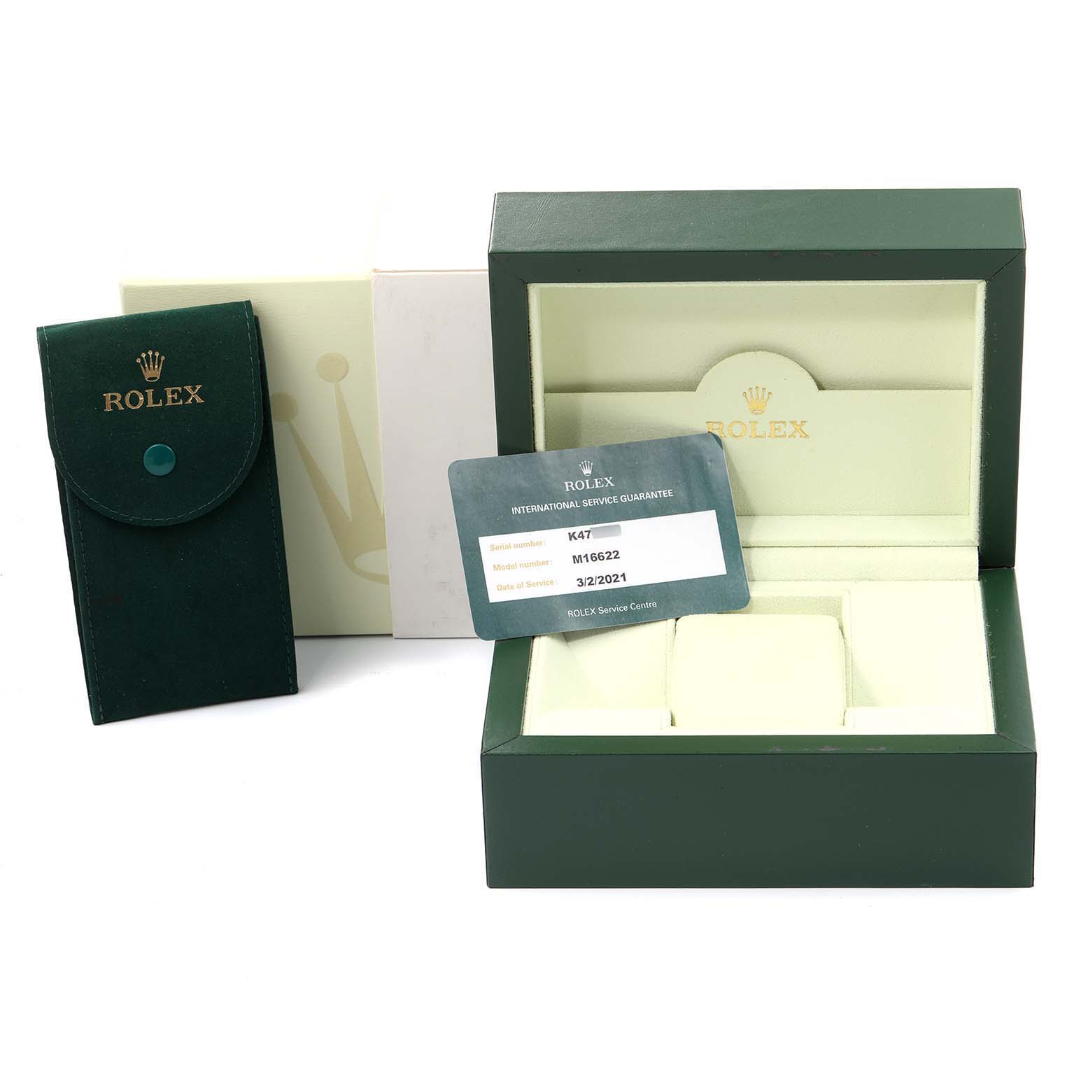 The image shows the packaging and accessories for a Rolex Yacht-Master 16622 Men's Stainless Steel Silver Dial 16622 Men's Stainless Steel Silver Dial watch, including a green box, a pouch, and a guarantee card.