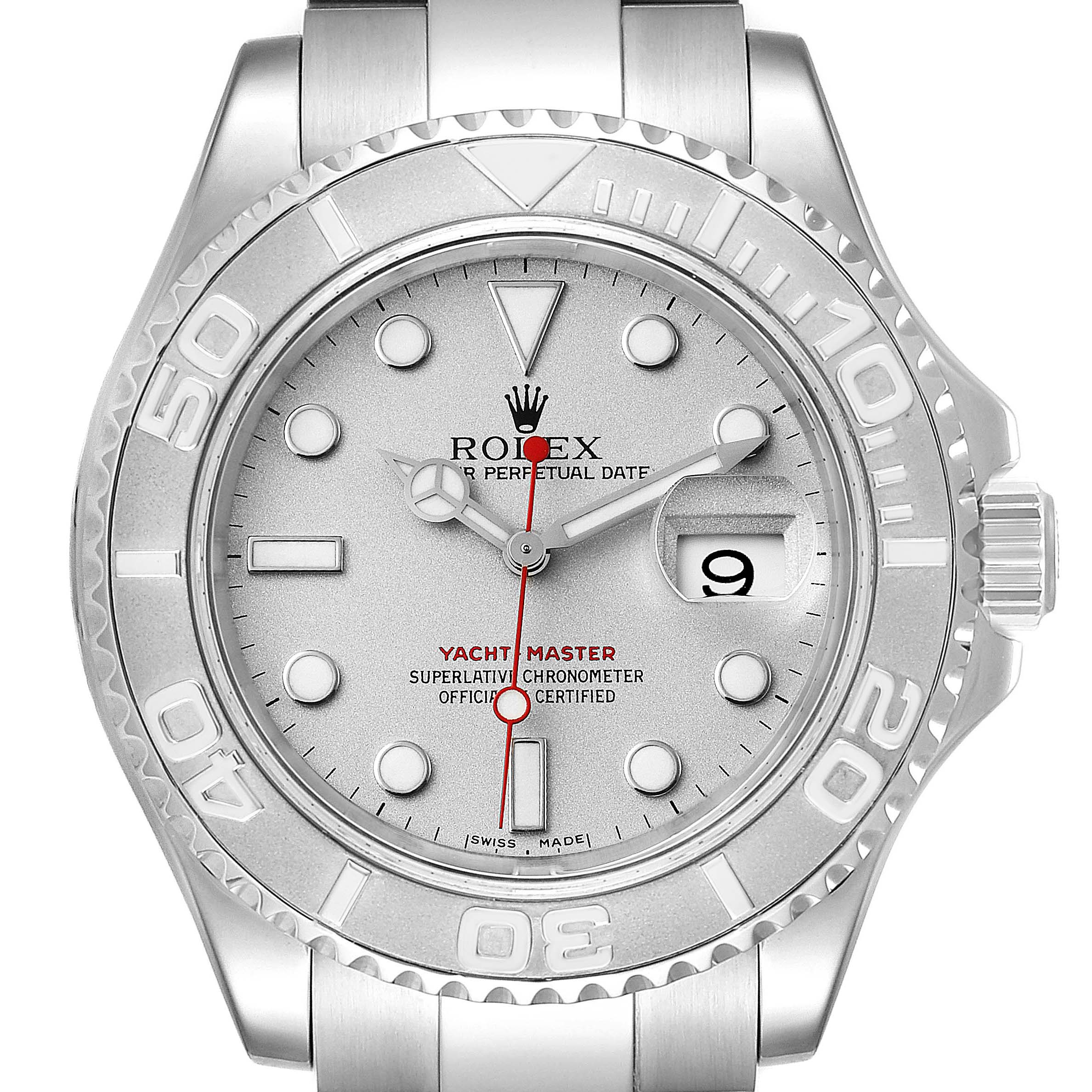 This image shows a front view of a Rolex Yacht-Master 16622 Men's Stainless Steel Silver Dial 16622 Men's Stainless Steel Silver Dial watch, highlighting the dial, hands, bezel, and part of the bracelet.