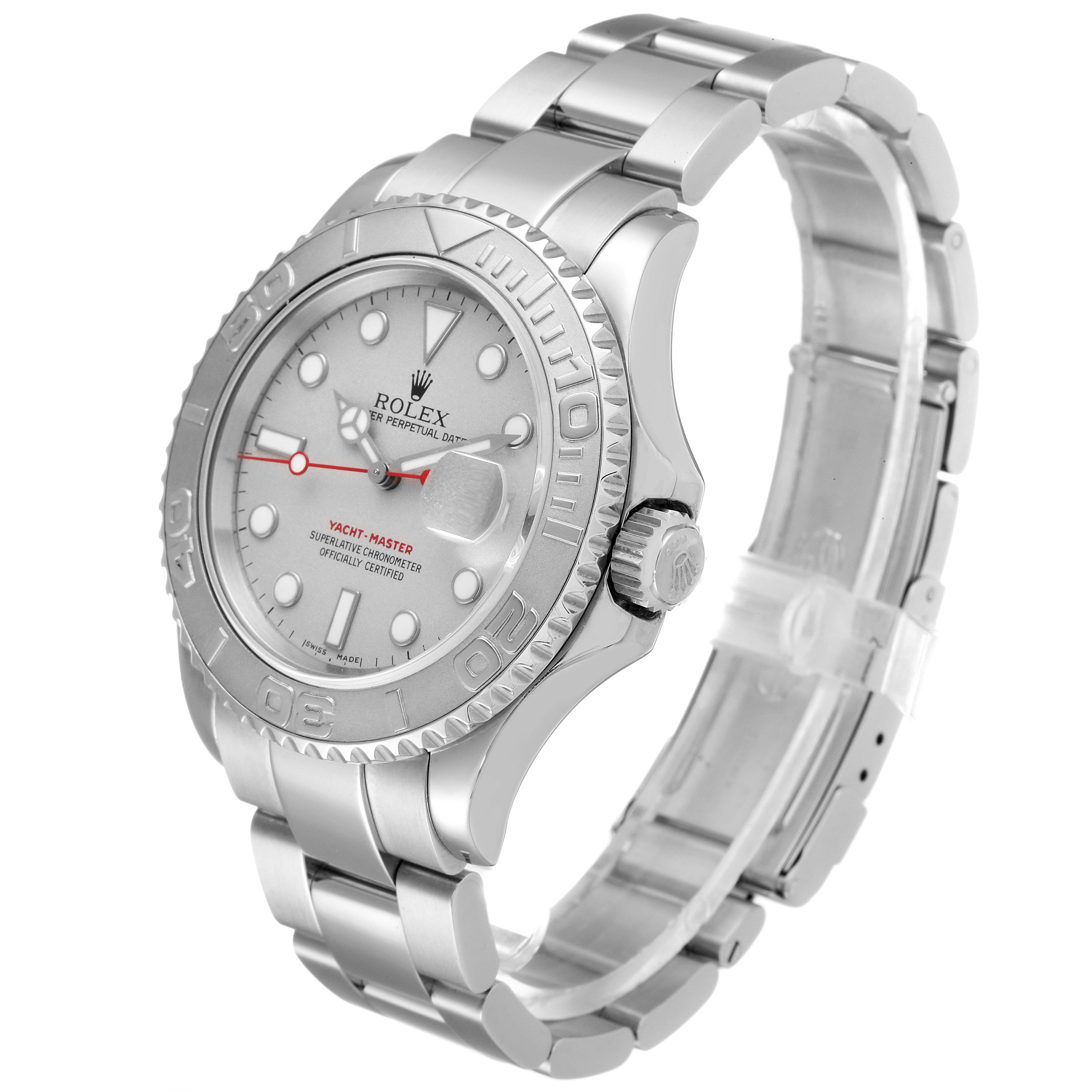 This image shows a Rolex Yacht-Master 16622 Men's Stainless Steel Silver Dial 16622 Men's Stainless Steel Silver Dial watch from an oblique angle, highlighting its dial, bezel, and bracelet.