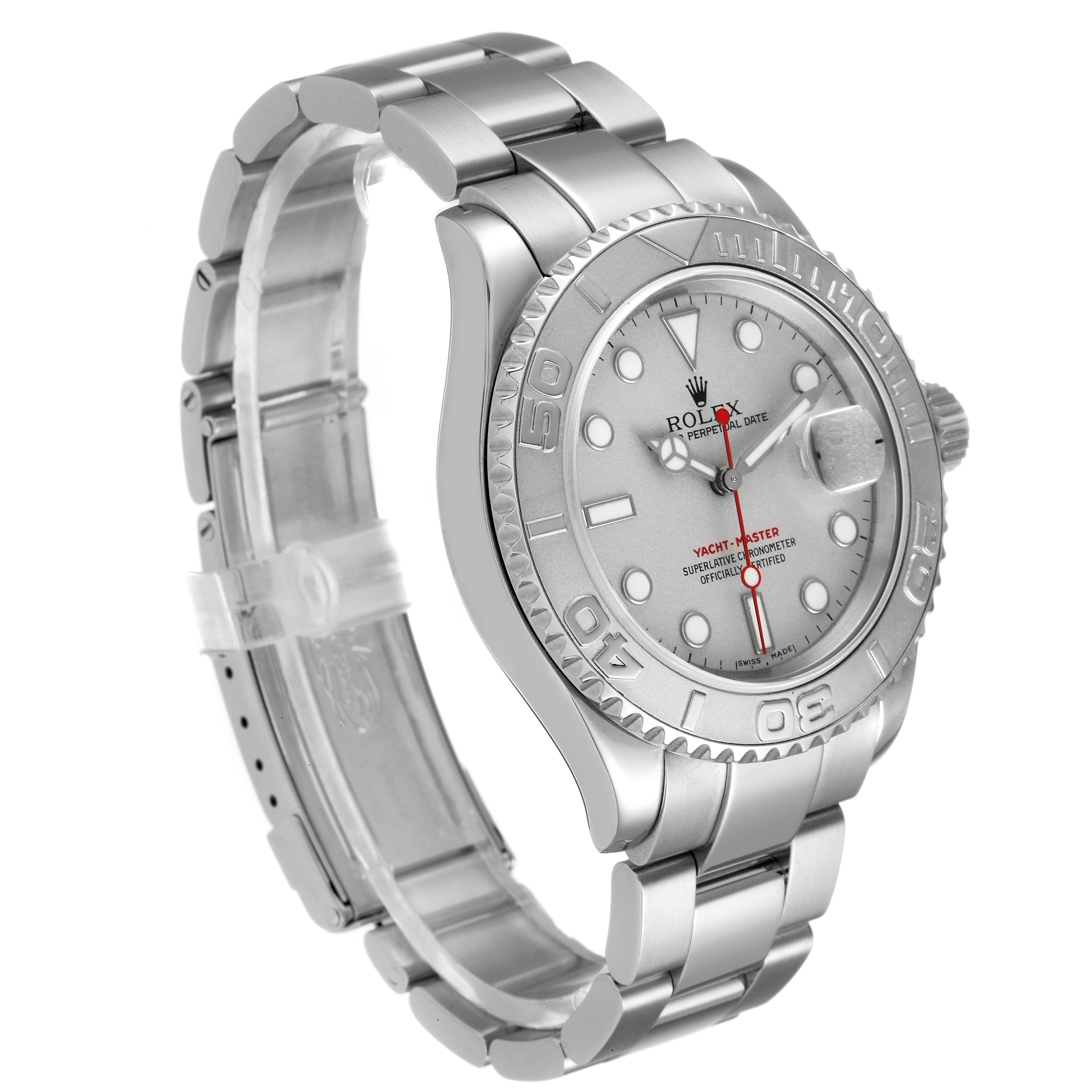 The image shows a Rolex Yacht-Master 16622 Men's Stainless Steel Silver Dial 16622 Men's Stainless Steel Silver Dial watch angled to display the dial, bezel, bracelet, and crown.