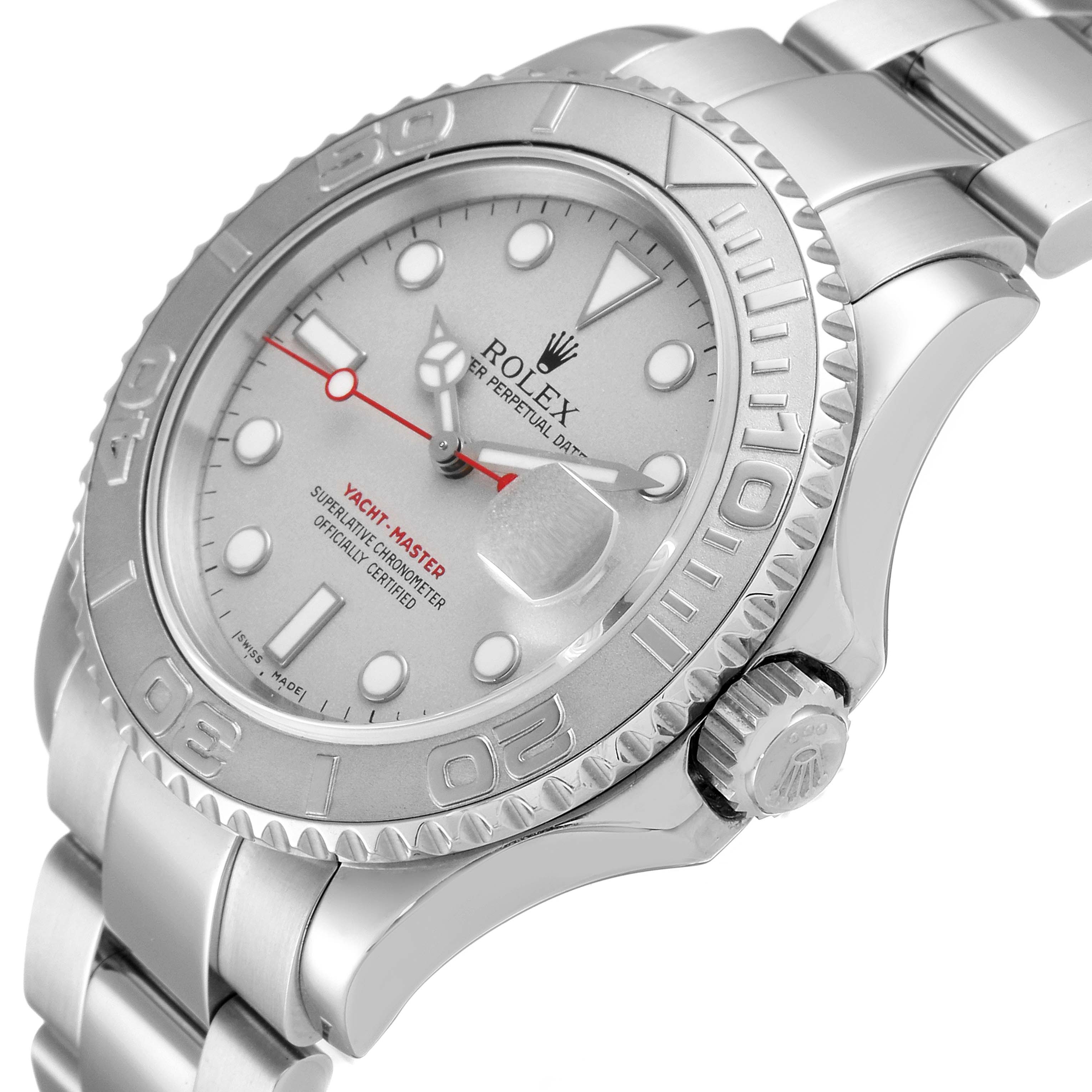 This Rolex Yacht-Master 16622 Men's Stainless Steel Silver Dial 16622 Men's Stainless Steel Silver Dial watch is shown from an oblique angle, highlighting the dial, bezel, crown, and metal bracelet.