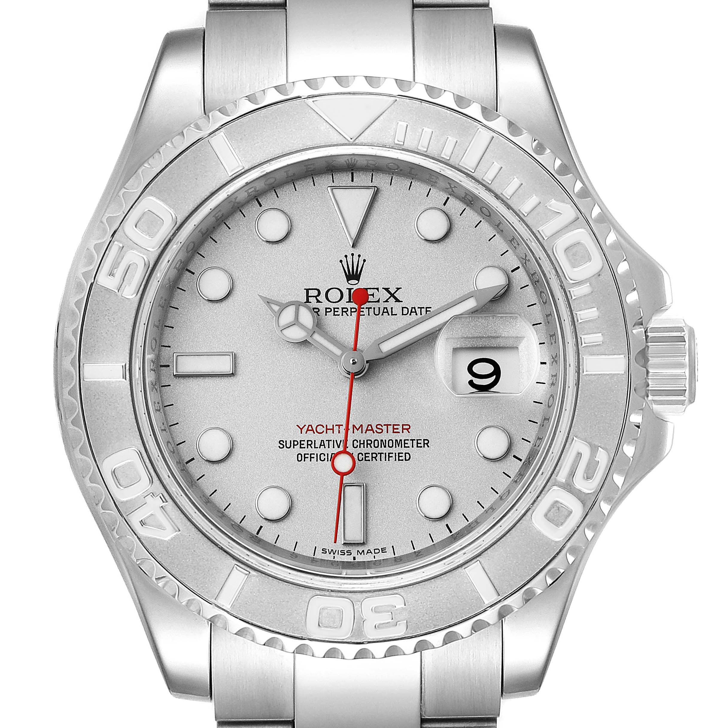 The image shows a front view of a Rolex Yacht-Master 16622 Men
s Stainless Steel Silver Dial 16622 Men
s Stainless Steel Silver Dial watch featuring its dial, bezel, crown, and bracelet.