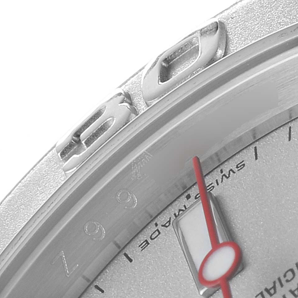 This close-up image shows the bezel, part of the dial, and the red second hand of a Rolex Yacht-Master 16622 Men
s Stainless Steel Silver Dial 16622 Men
s Stainless Steel Silver Dial watch.