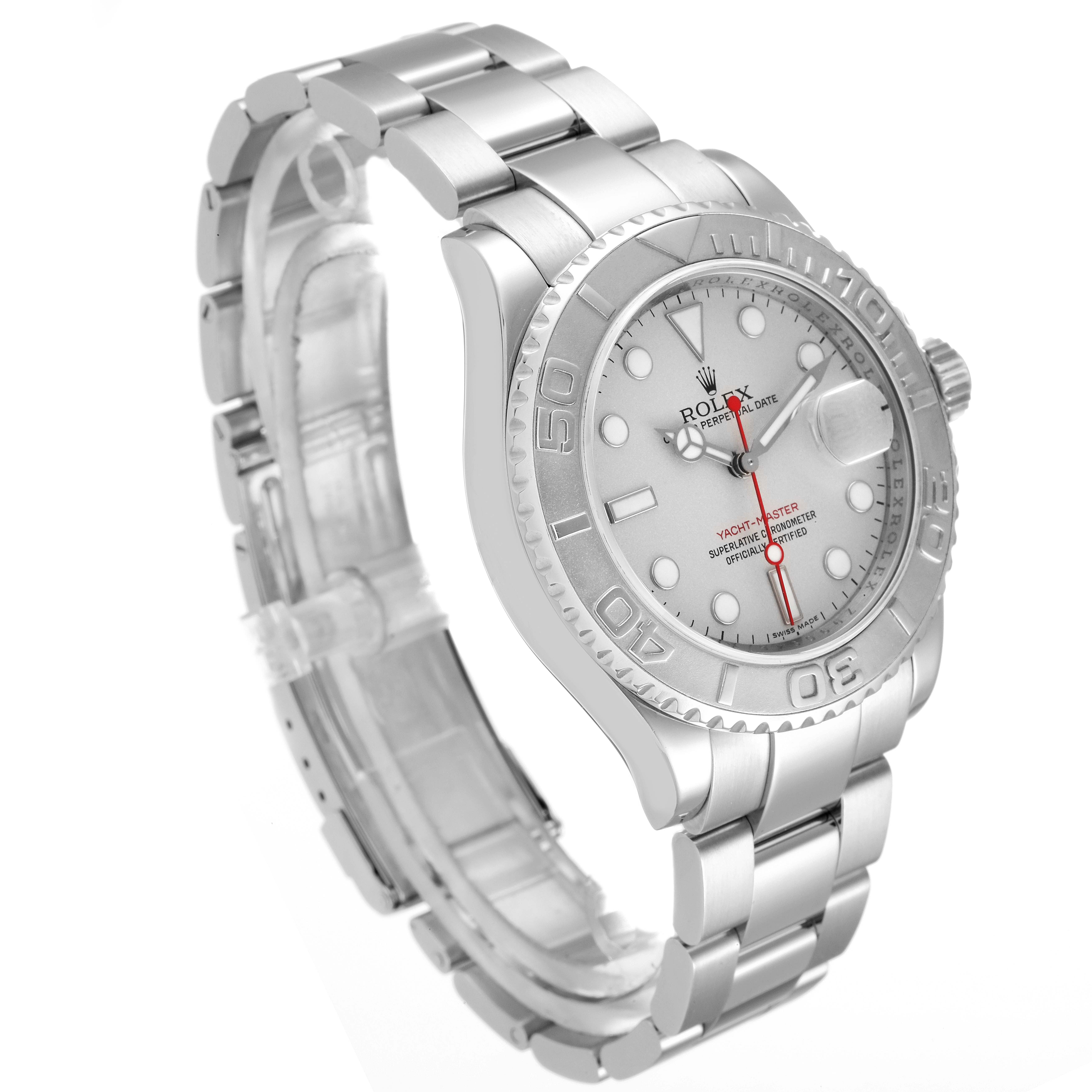 The image shows a side angle view of the Rolex Yacht-Master 16622 Men
s Stainless Steel Silver Dial 16622 Men
s Stainless Steel Silver Dial watch, highlighting the face, bezel, and stainless steel bracelet.