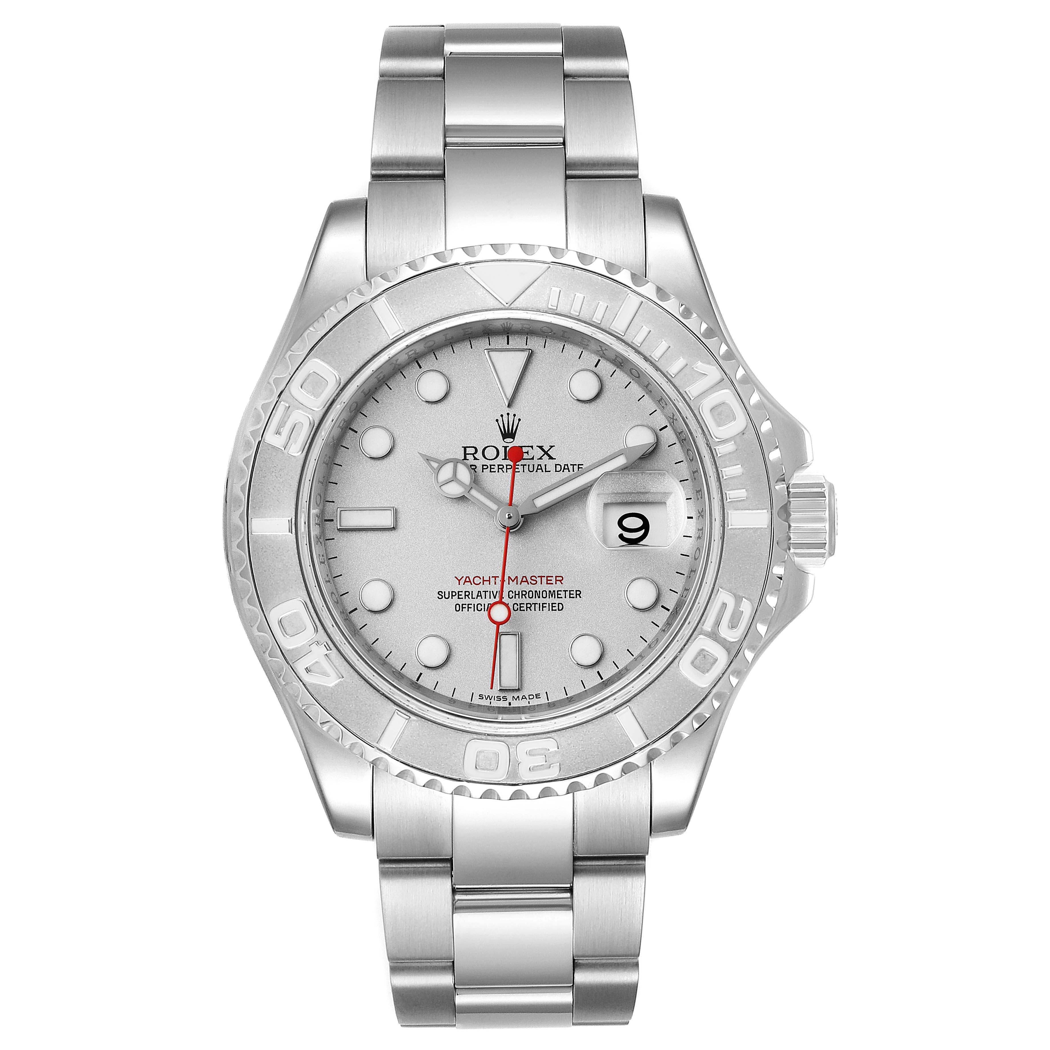 This image shows a front view of the Rolex Yacht-Master 16622 Men
s Stainless Steel Silver Dial 16622 Men
s Stainless Steel Silver Dial watch, highlighting the face, bezel, and bracelet.