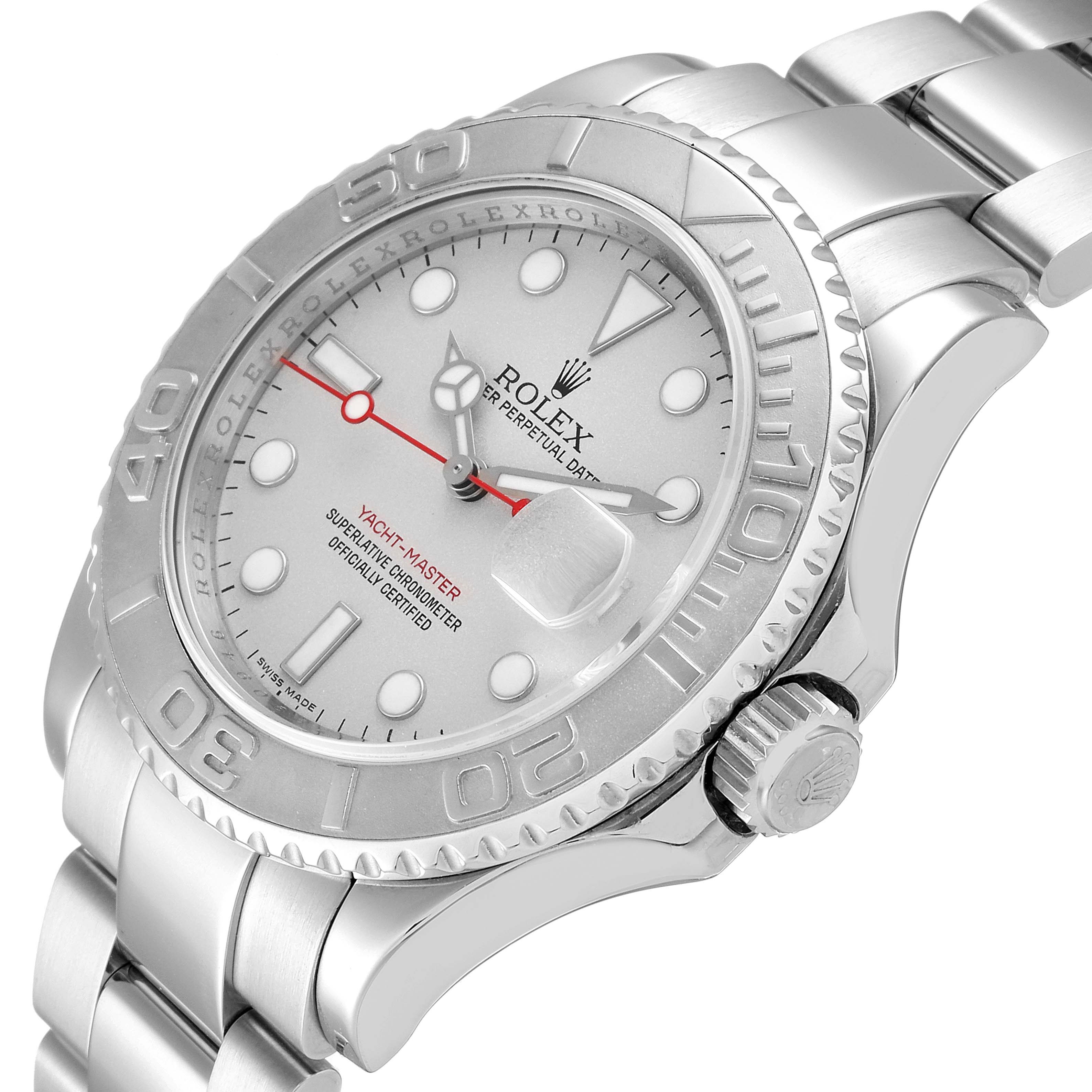 The Rolex Yacht-Master 16622 Men
s Stainless Steel Silver Dial 16622 Men
s Stainless Steel Silver Dial watch is shown at an angle highlighting the face, bezel, and part of the metal bracelet.