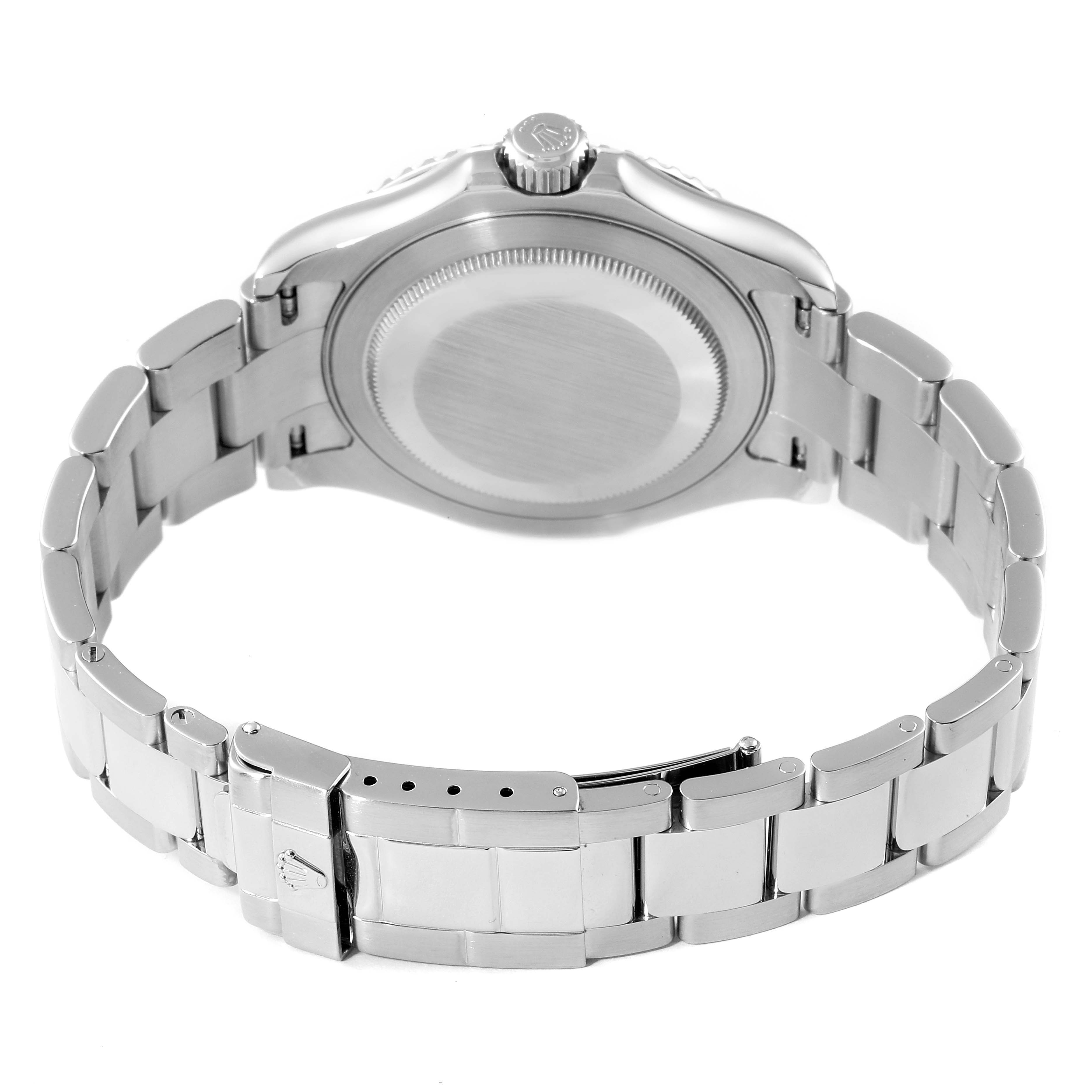 The image shows the back view of a Rolex Yacht-Master 16622 Men
s Stainless Steel Silver Dial 16622 Men
s Stainless Steel Silver Dial watch highlighting its case back and metal bracelet.