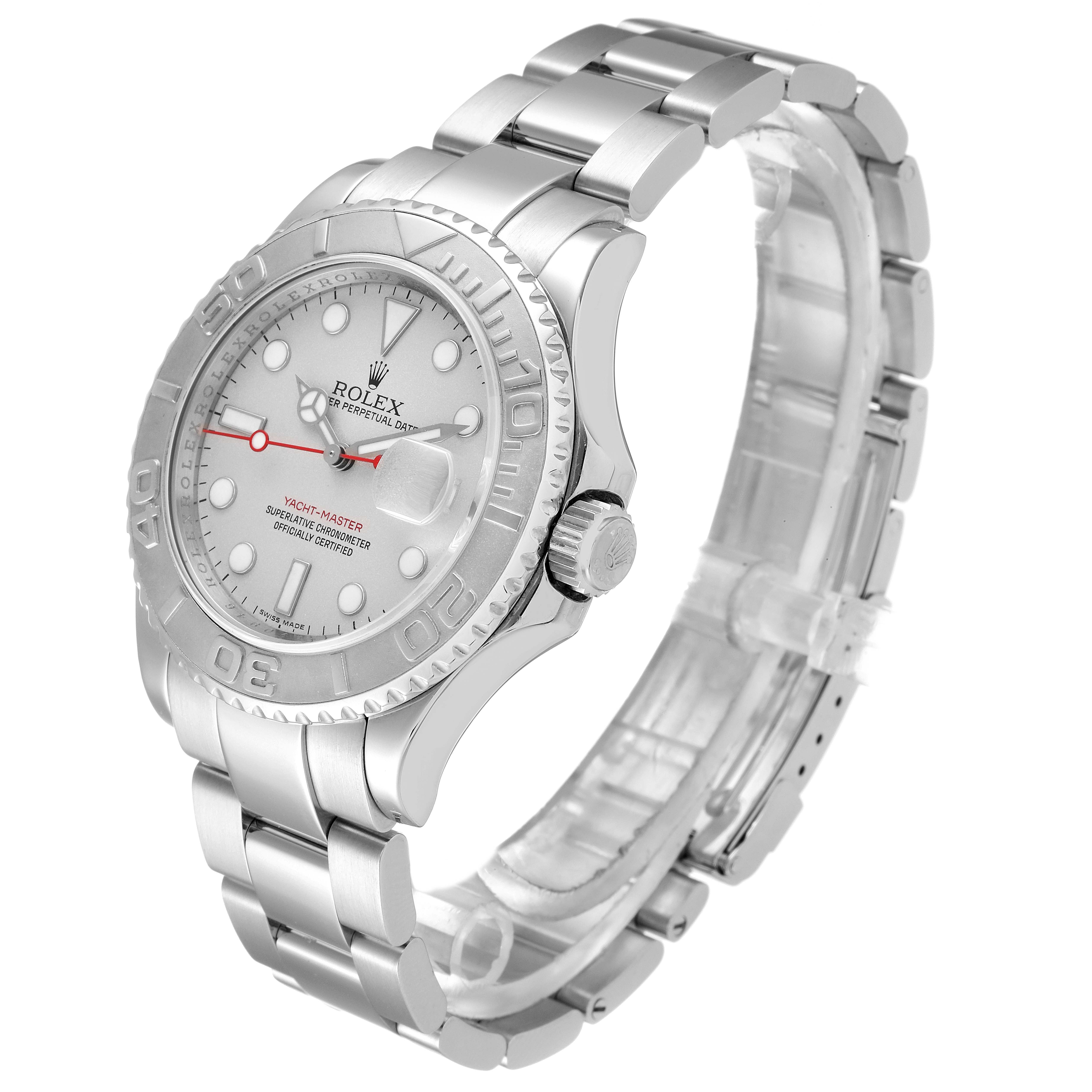 The image shows a Rolex Yacht-Master 16622 Men
s Stainless Steel Silver Dial 16622 Men
s Stainless Steel Silver Dial watch angled from the front-right, highlighting the dial, bezel, and bracelet.