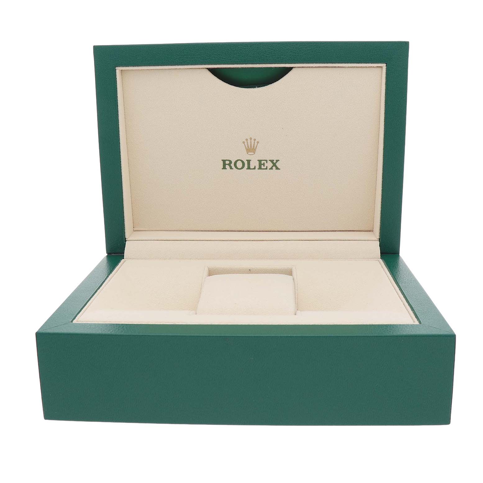 The image shows an open Rolex Yacht-Master 126621 Men's Stainless Steel Black Dial box, displaying the interior designed to hold the watch securely.