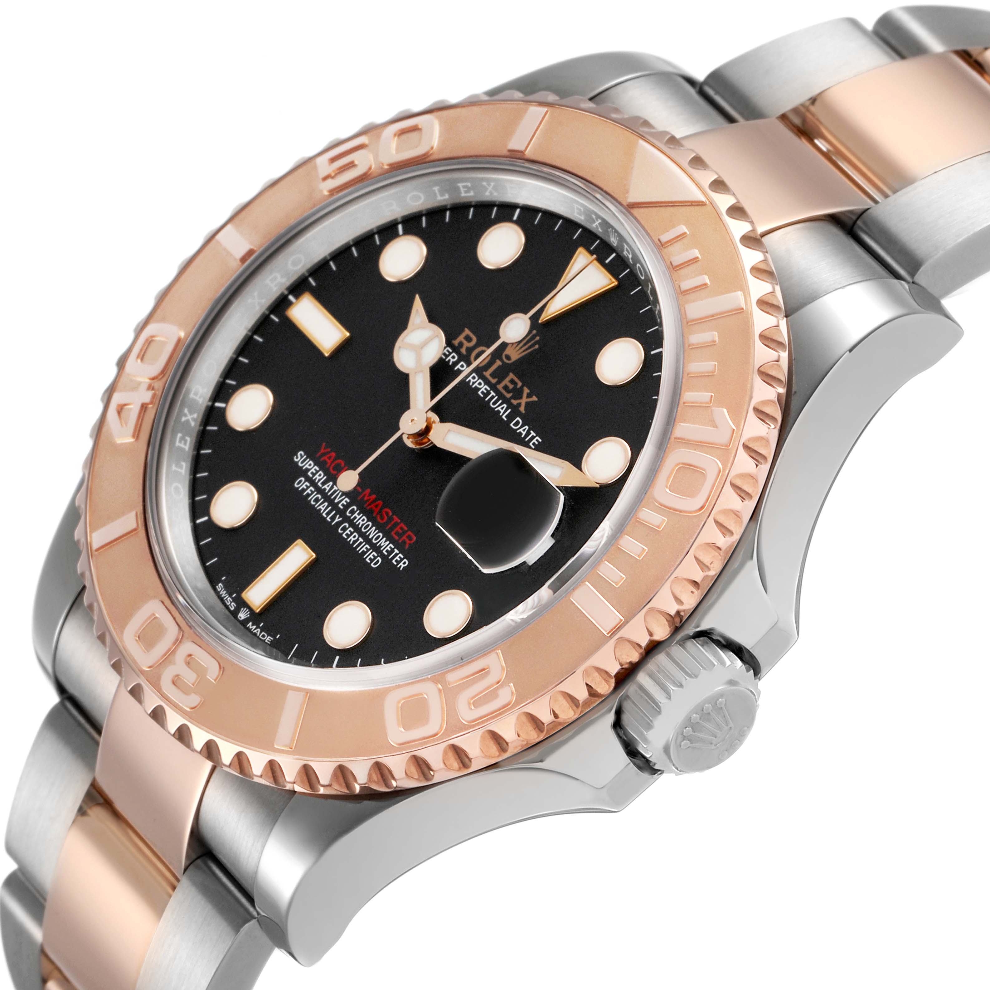 The Rolex Yacht-Master 126621 Men's Stainless Steel Black Dial watch is shown at a three-quarter angle, highlighting its bezel, crown, and part of the bracelet.