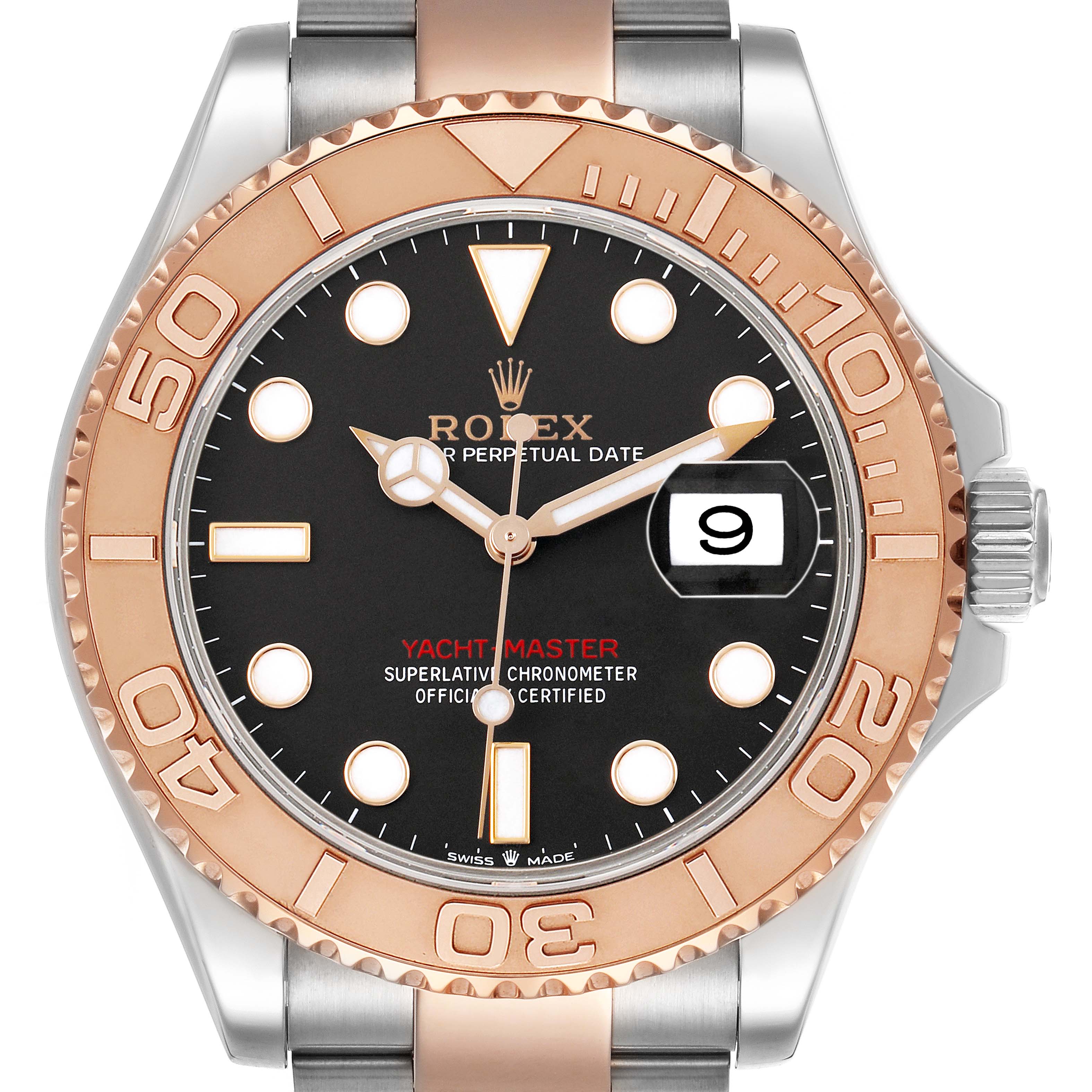 The Rolex Yacht-Master 126621 Men's Stainless Steel Black Dial watch is shown from a front angle, highlighting the dial, bezel, and crown.