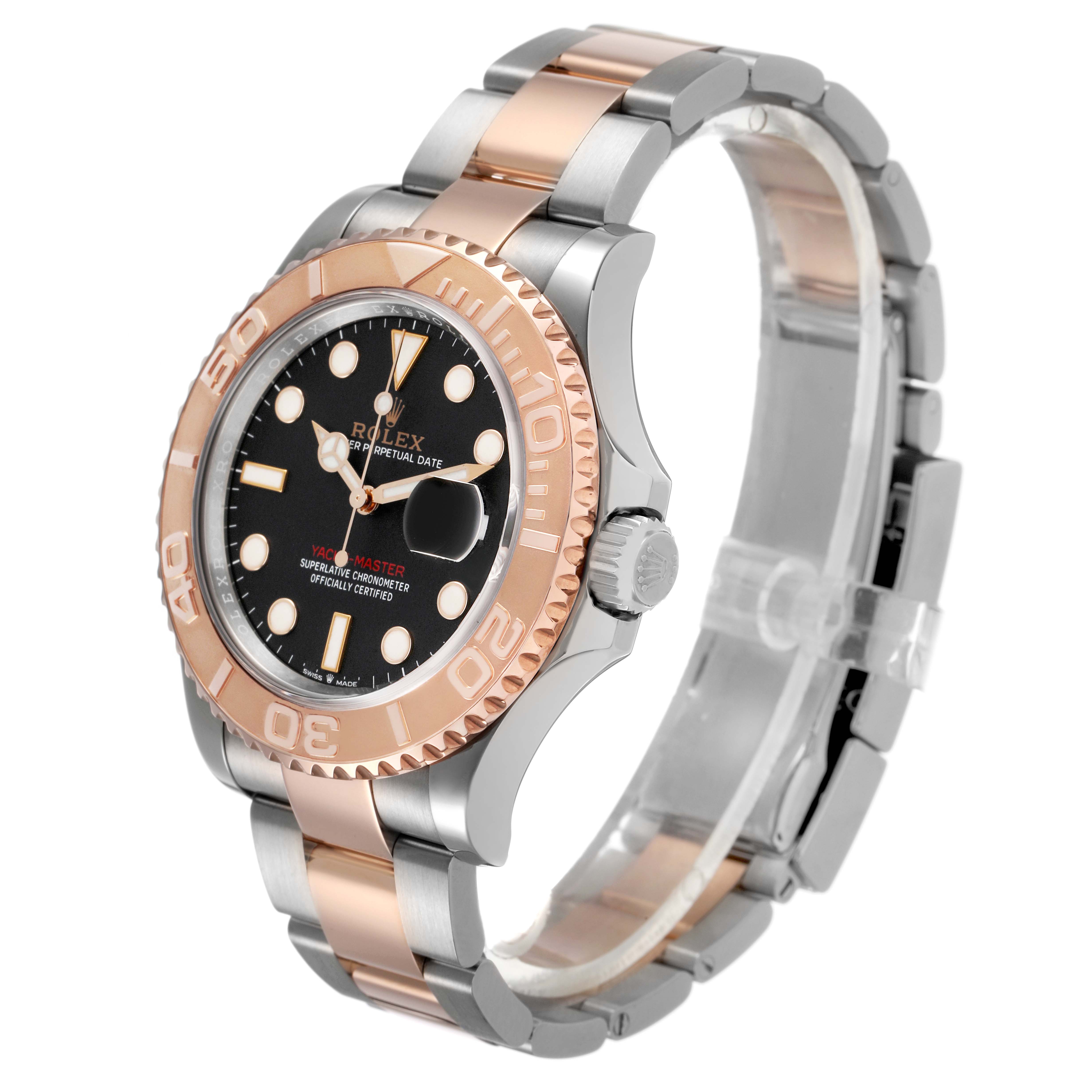 The Rolex Yacht-Master 126621 Men's Stainless Steel Black Dial watch is shown at a slight angle, displaying the dial, bezel, crown, and bracelet.