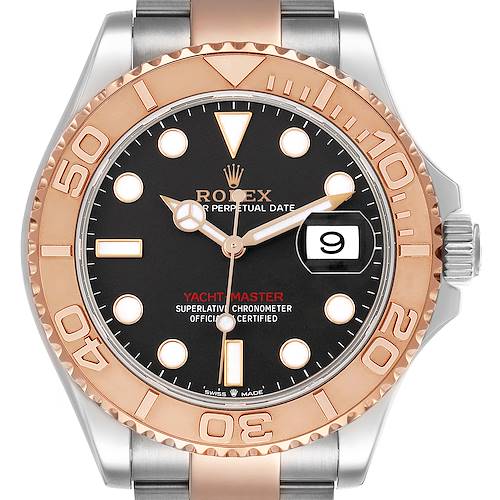 The Rolex Yacht-Master 126621 Men's Stainless Steel Black Dial watch is shown from a front angle, highlighting the face, bezel, hands, and part of the bracelet.