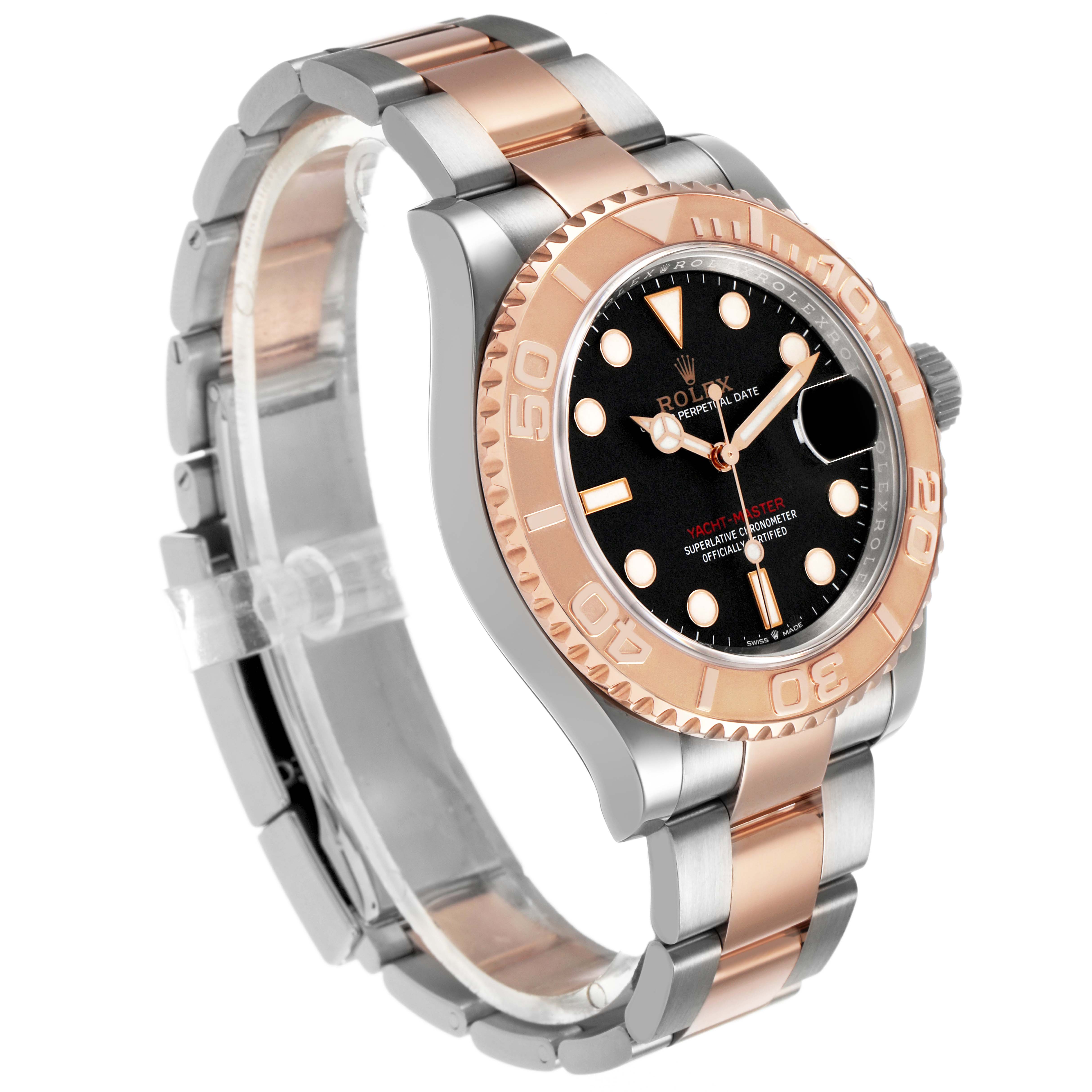 The Rolex Yacht-Master 126621 Men's Stainless Steel Black Dial is shown at a three-quarter angle, highlighting its rose gold bezel, black dial, and two-tone bracelet.