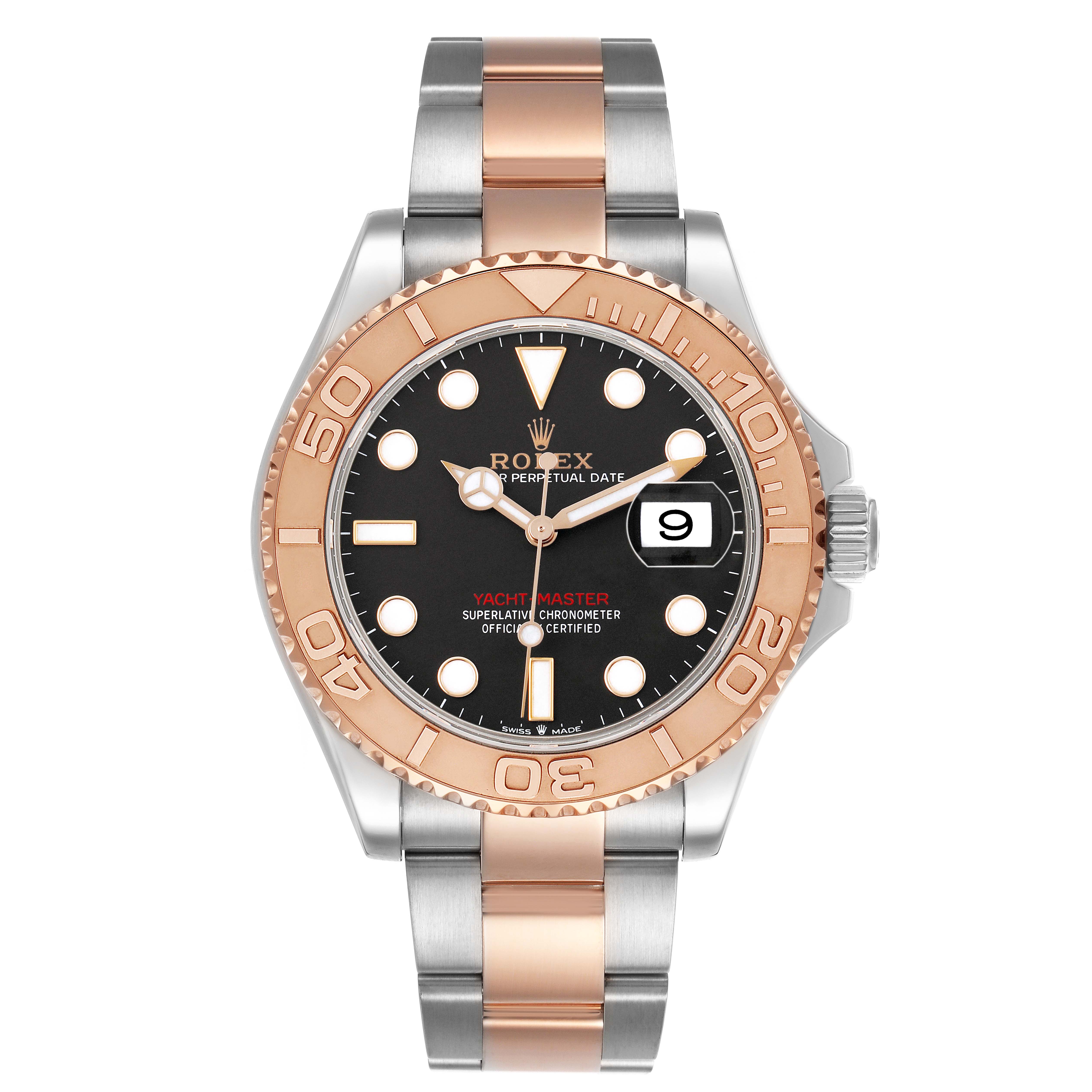 The Rolex Yacht-Master 126621 Men's Stainless Steel Black Dial watch is shown from a front angle, highlighting its bezel, dial, bracelet, and date display.