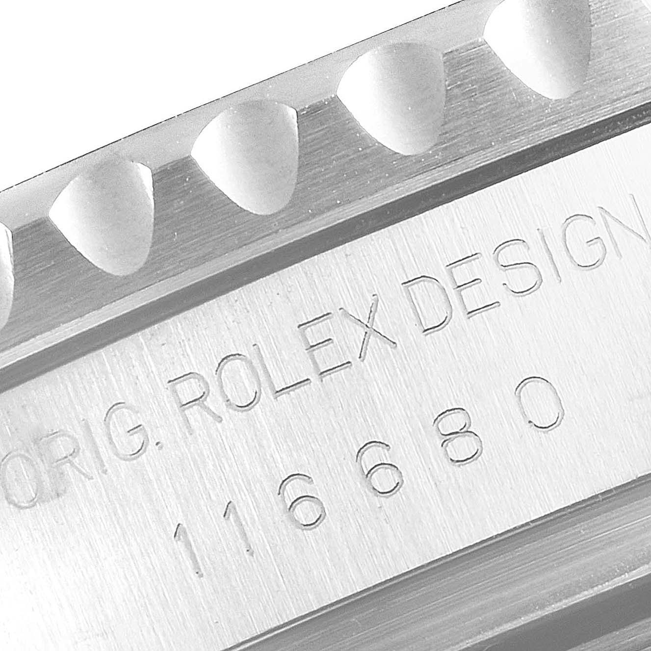 This image shows a close-up angled view of the Rolex Yacht-Master 116680 Men's Stainless Steel White Dial 116680 Men's Stainless Steel White Dial model, highlighting the engraved design and reference number.