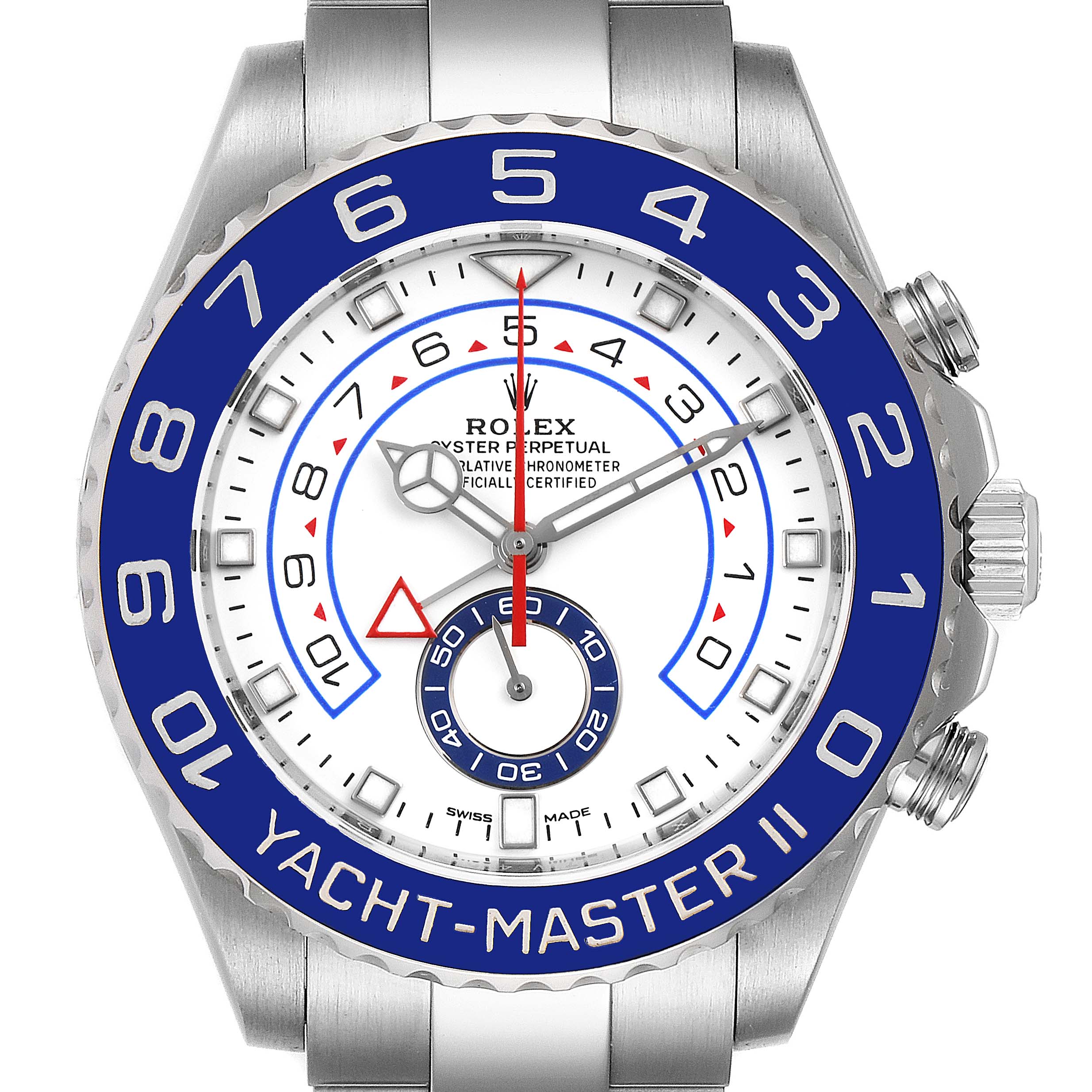This image shows a front view of the Rolex Yacht-Master 116680 Men's Stainless Steel White Dial 116680 Men's Stainless Steel White Dial II watch, highlighting the face, bezel, and crown.