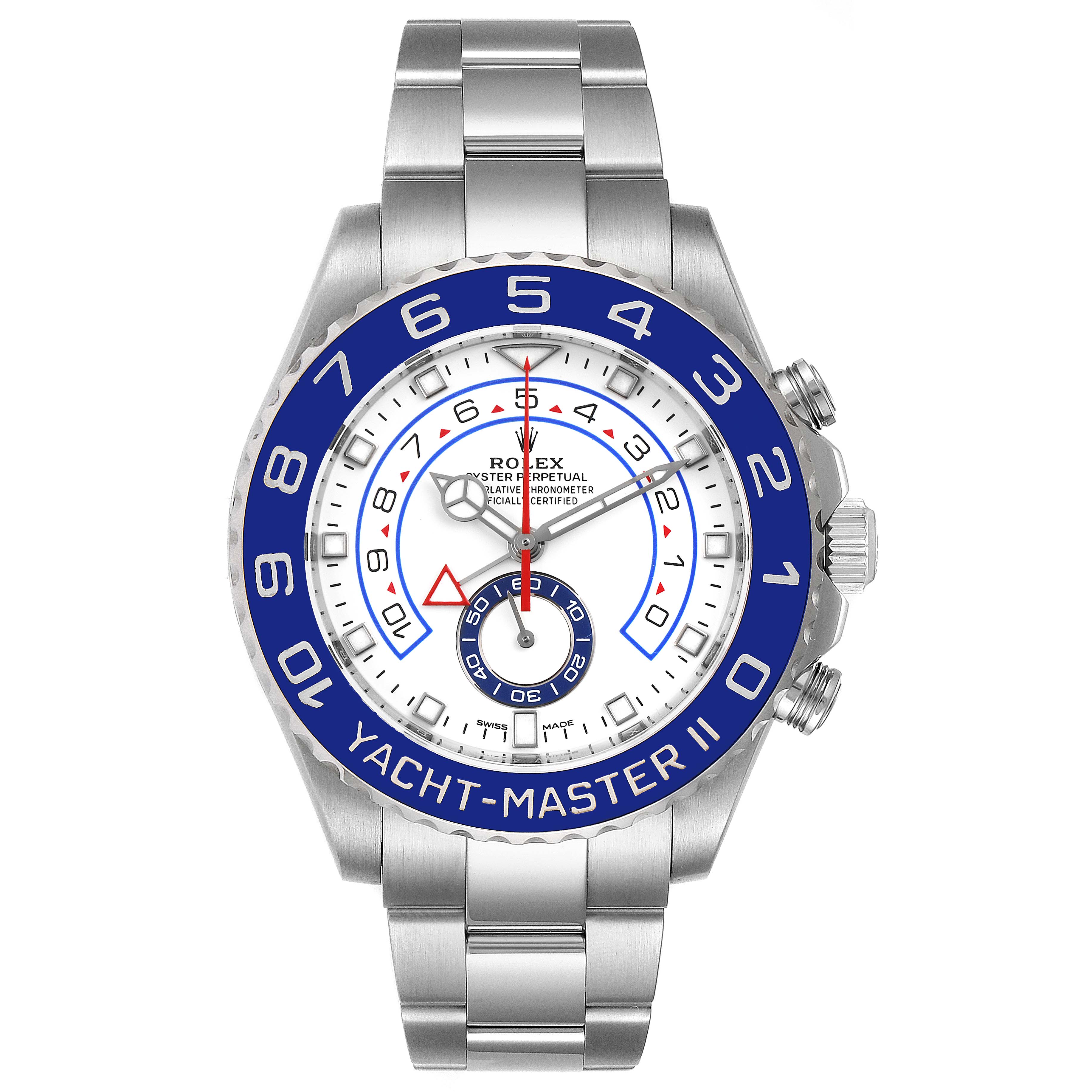 This image shows a front view of the Rolex Yacht-Master 116680 Men's Stainless Steel White Dial 116680 Men's Stainless Steel White Dial II watch, highlighting its dial, bezel, and bracelet.