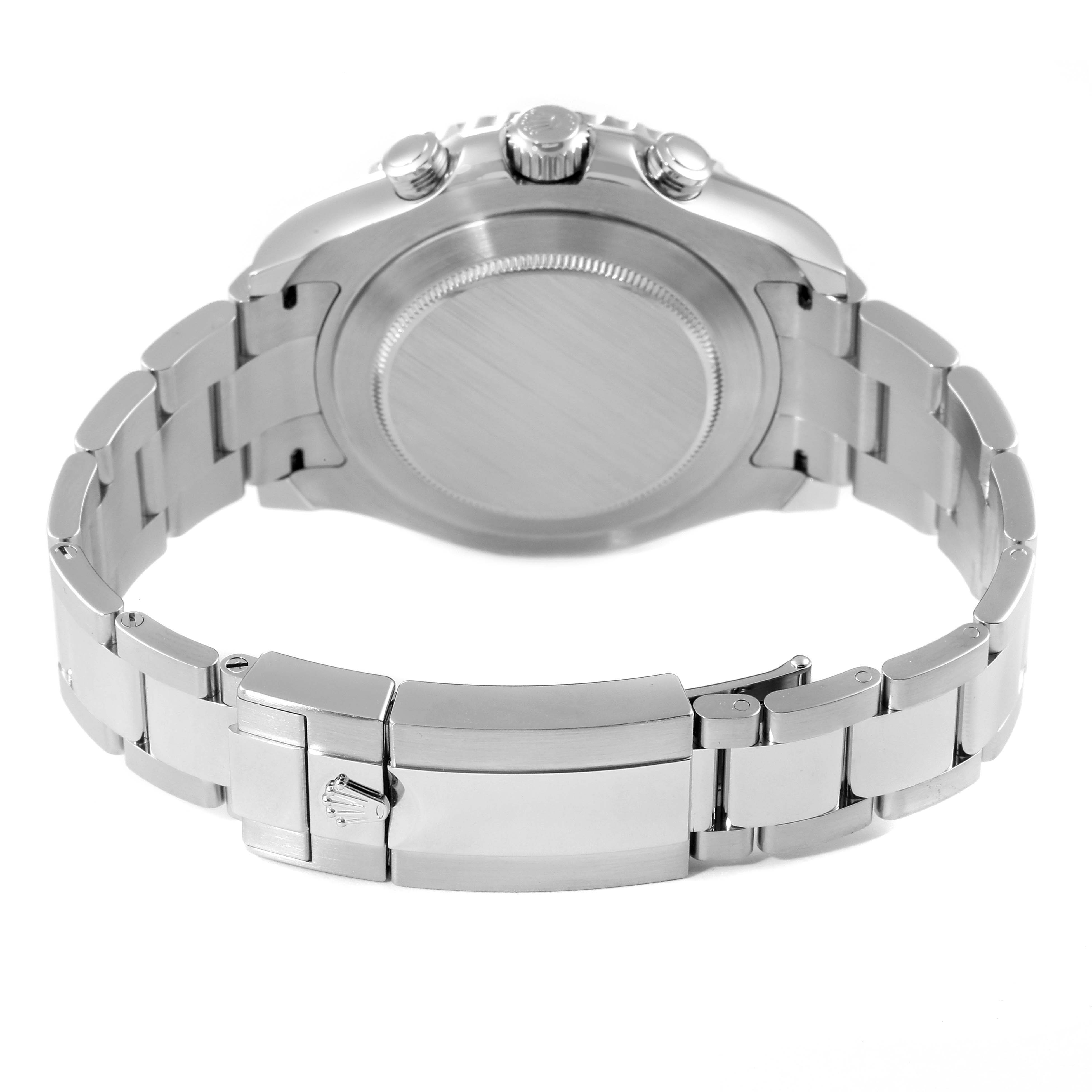 This is a rear view of a Rolex Yacht-Master 116680 Men's Stainless Steel White Dial 116680 Men's Stainless Steel White Dial watch, showcasing the bracelet and caseback.