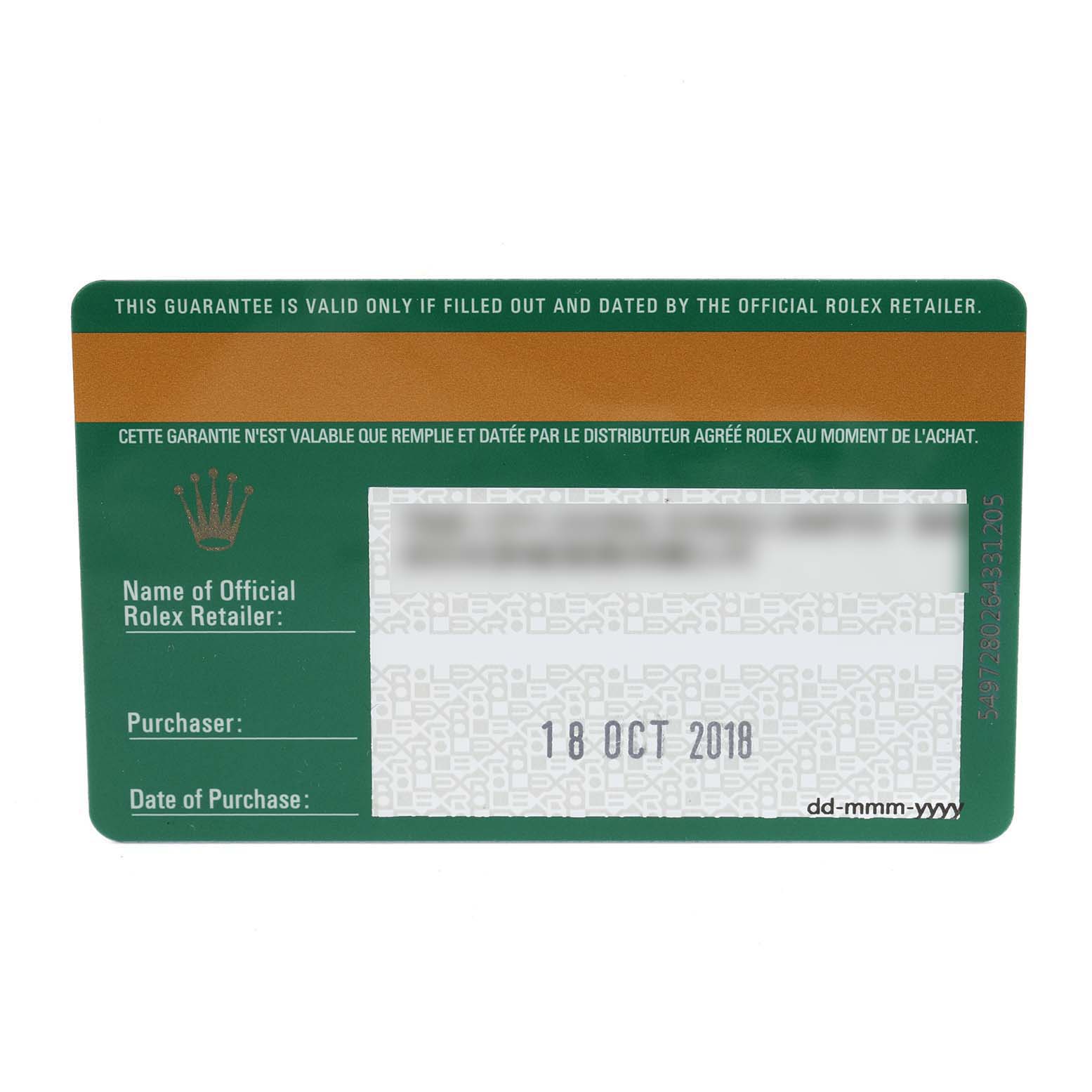 This image shows the warranty card for the Rolex Yacht-Master 116680 Men's Stainless Steel White Dial 116680 Men's Stainless Steel White Dial model, including the purchase date and retailer information.