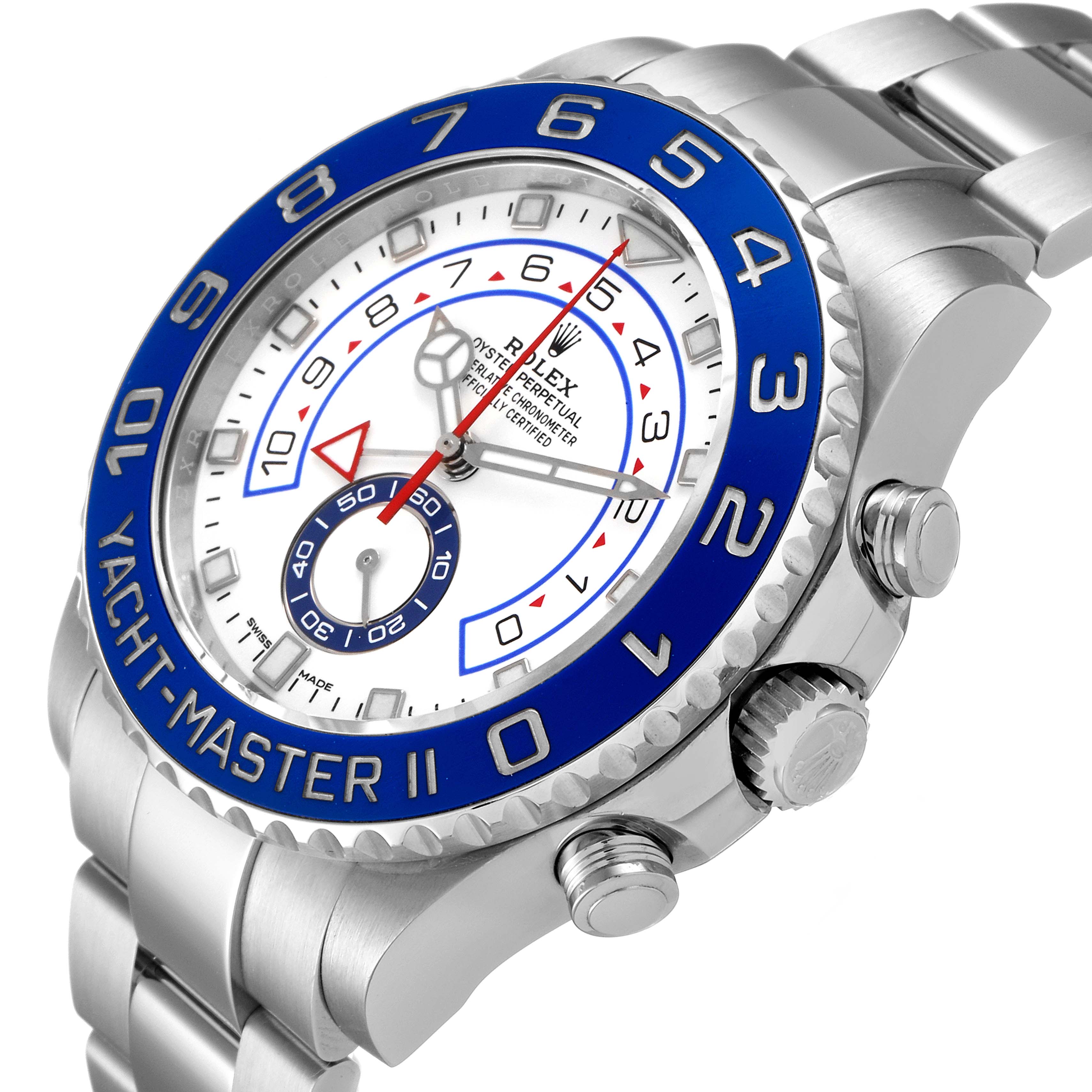 The image shows a close-up, angled view of the Rolex Yacht-Master 116680 Men's Stainless Steel White Dial 116680 Men's Stainless Steel White Dial II watch, highlighting its face, dial, bezel, and part of the bracelet.