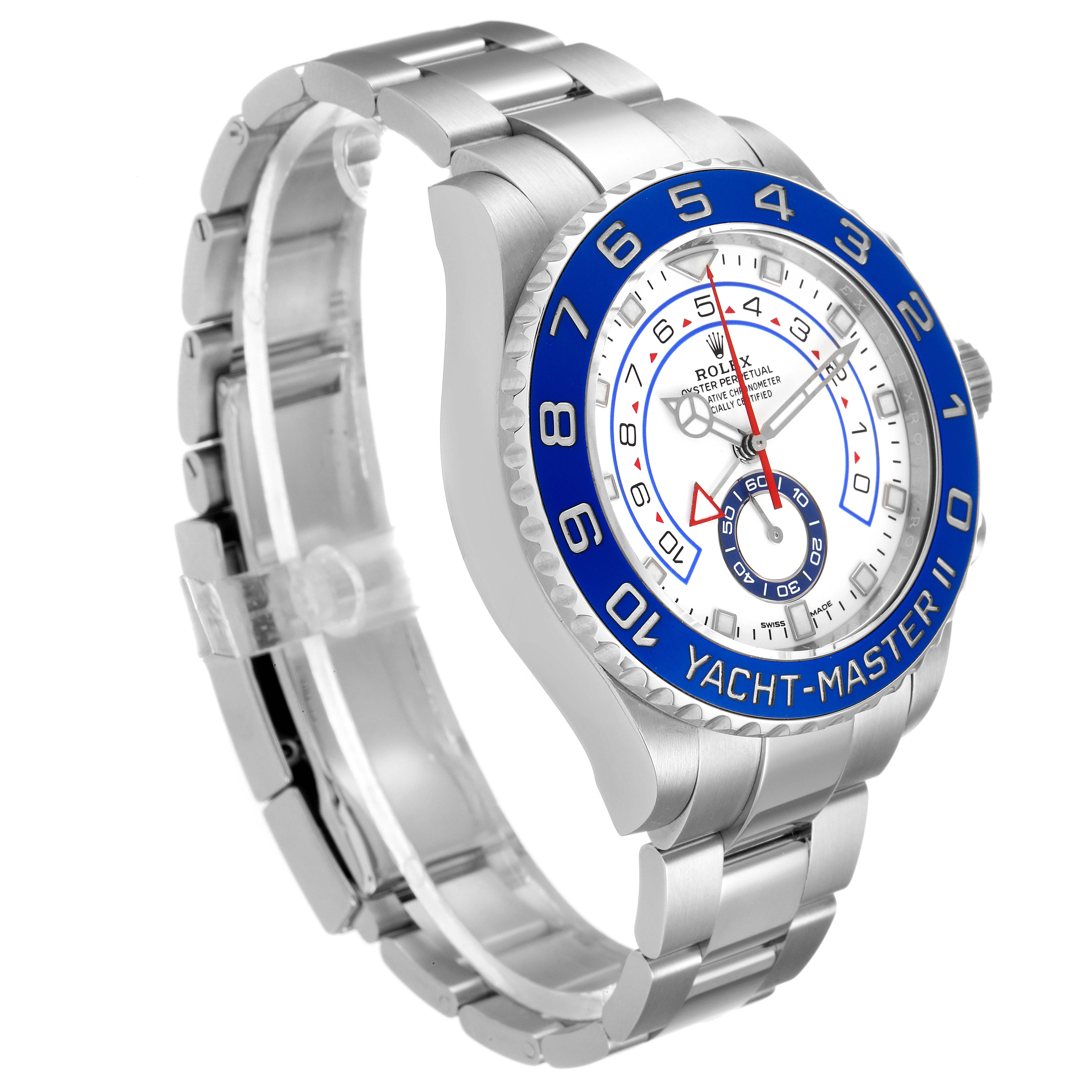 The Rolex Yacht-Master 116680 Men's Stainless Steel White Dial 116680 Men's Stainless Steel White Dial model watch is shown at an angle highlighting the bezel, dial, and stainless steel bracelet.