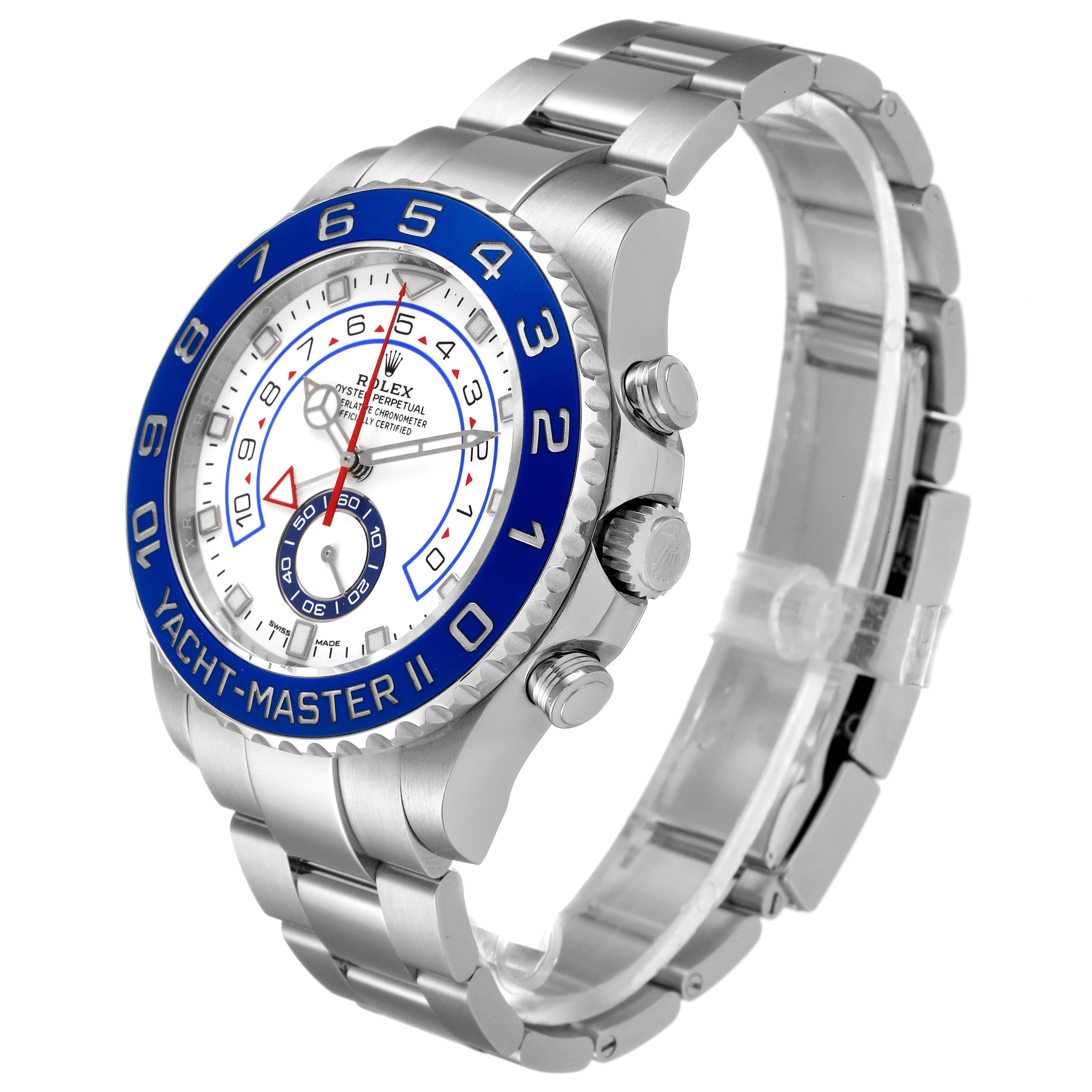 The image shows a Rolex Yacht-Master 116680 Men's Stainless Steel White Dial 116680 Men's Stainless Steel White Dial II watch angled to display the face, bezel, crown, and bracelet.