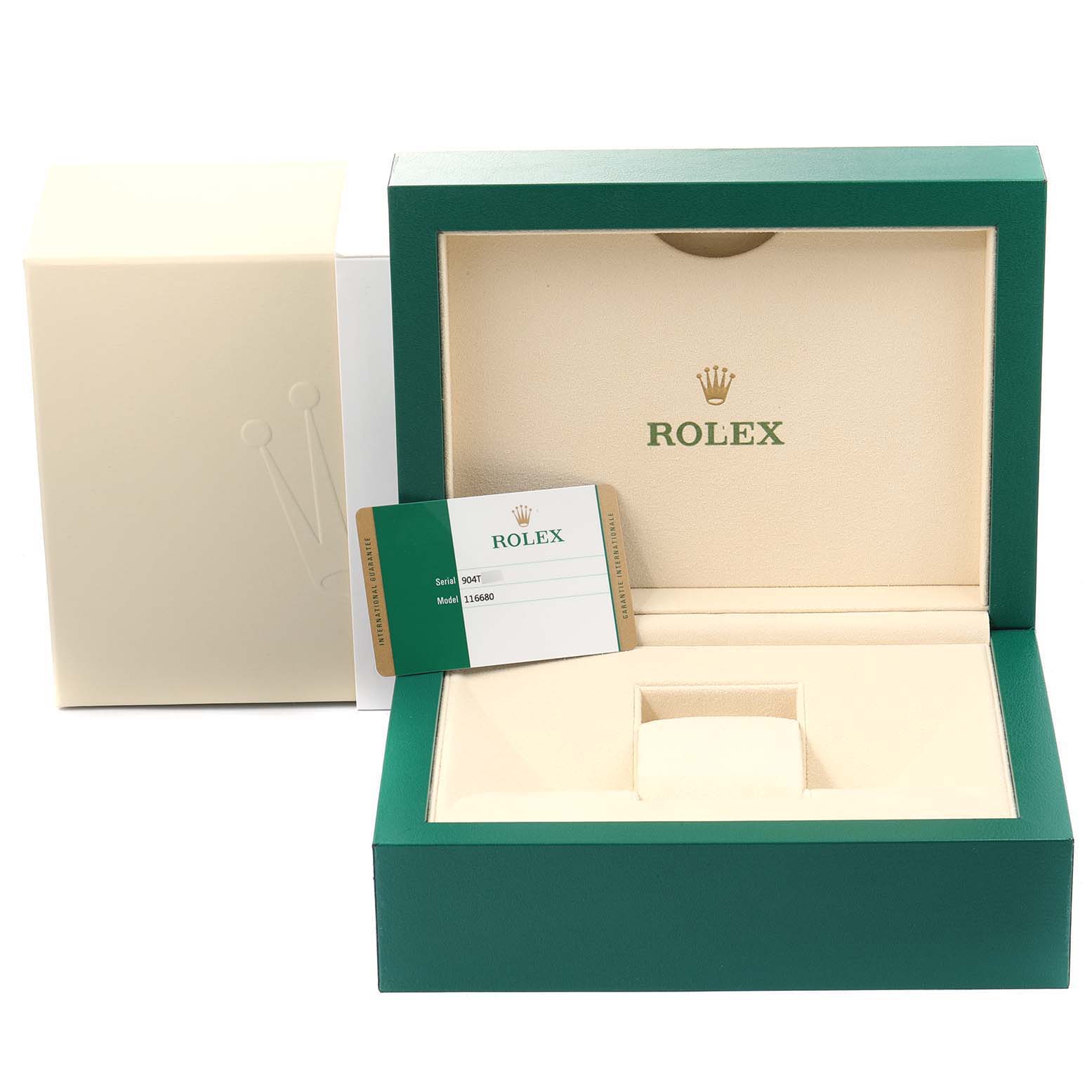 This is a box and certificate card for the Rolex Yacht-Master 116680 Men's Stainless Steel White Dial 116680 Men's Stainless Steel White Dial watch, shown from the front angle.