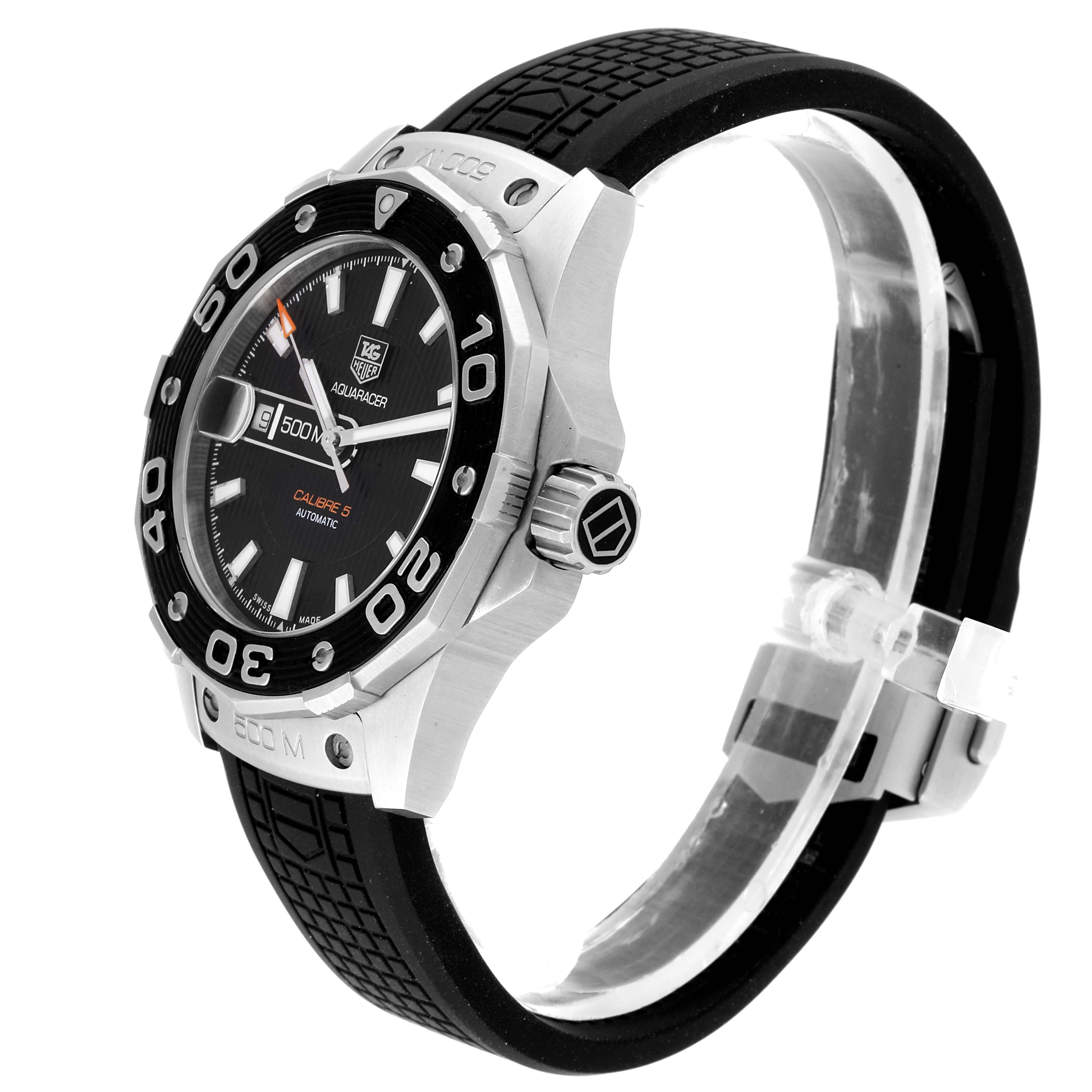 The image shows a side-angle view of a Tag Heuer Aquaracer WAJ2110.FT6015 Men's Stainless Steel Black Dial WAJ2110.FT6015 Men's Stainless Steel Black Dial watch, highlighting the bezel, crown, and rubber strap.